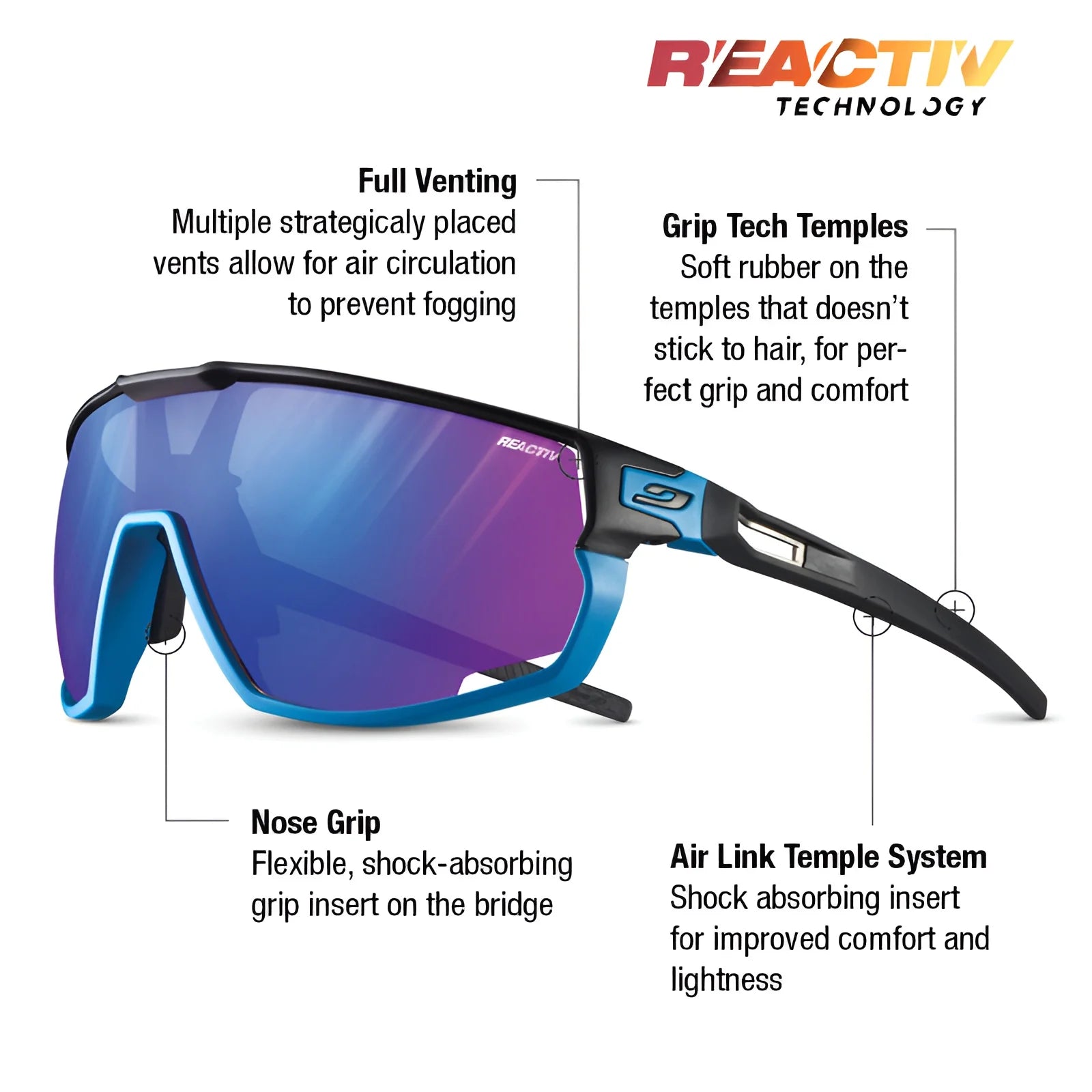 Julbo Rush Sunglasses offer full venting, grip tech temples, a nose grip, and an air link temple system. The REACTIV photochromic lenses adjust to light conditions and the adjustable temples ensure a custom fit.