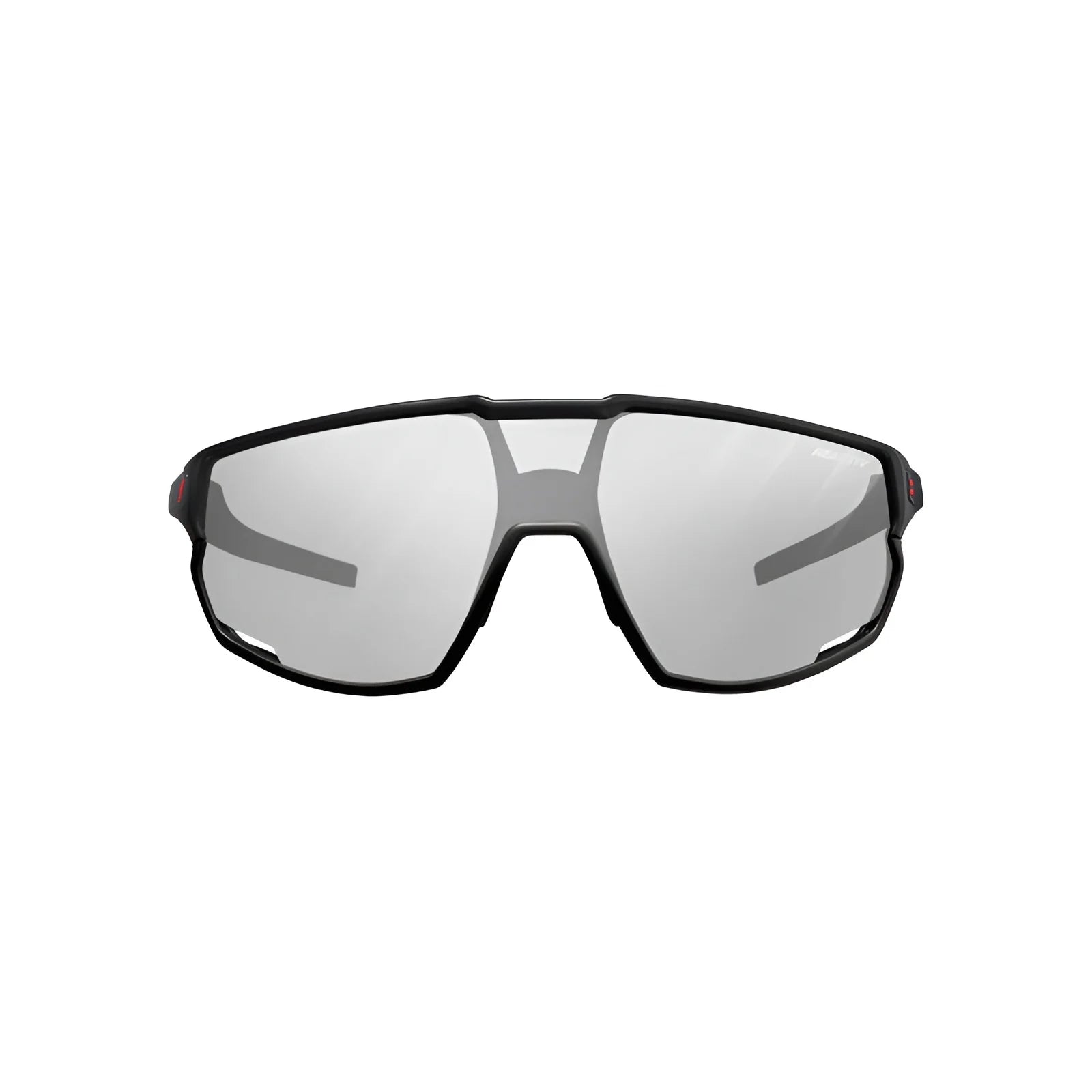 The Julbo Rush Sunglasses by Julbo are black cycling glasses with a sleek design, adjustable temples, and reflective photochromic lenses, viewed from the front.