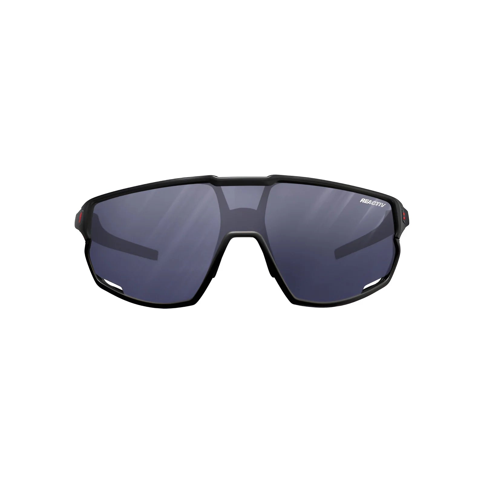 The Julbo Rush Sunglasses, in black with photochromic dark tinted lenses, are shown from the front against a white background.