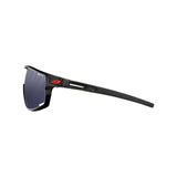 Side view of the Julbo Rush Sunglasses by Julbo, showcasing sleek black frames with red accents, adjustable temples, and dark photochromic lenses.