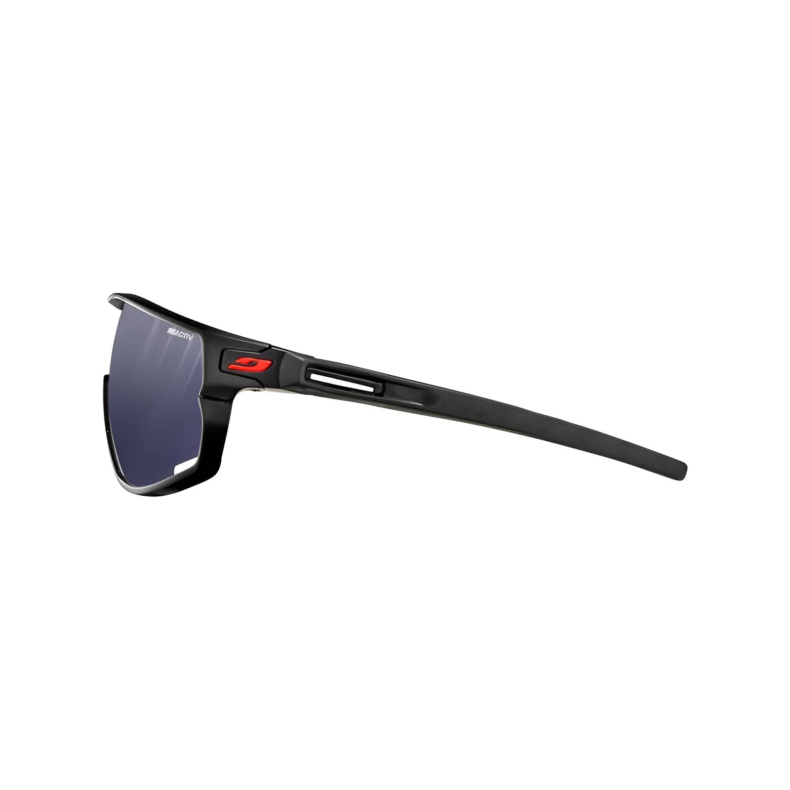 Side view of the Julbo Rush Sunglasses by Julbo, showcasing sleek black frames with red accents, adjustable temples, and dark photochromic lenses.