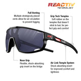 The Julbo Rush Sunglasses by Julbo are crafted for cyclists, boasting photochromic lenses and detailed features: full venting, nose grip, adjustable temples with grip tech, and an air link temple system.