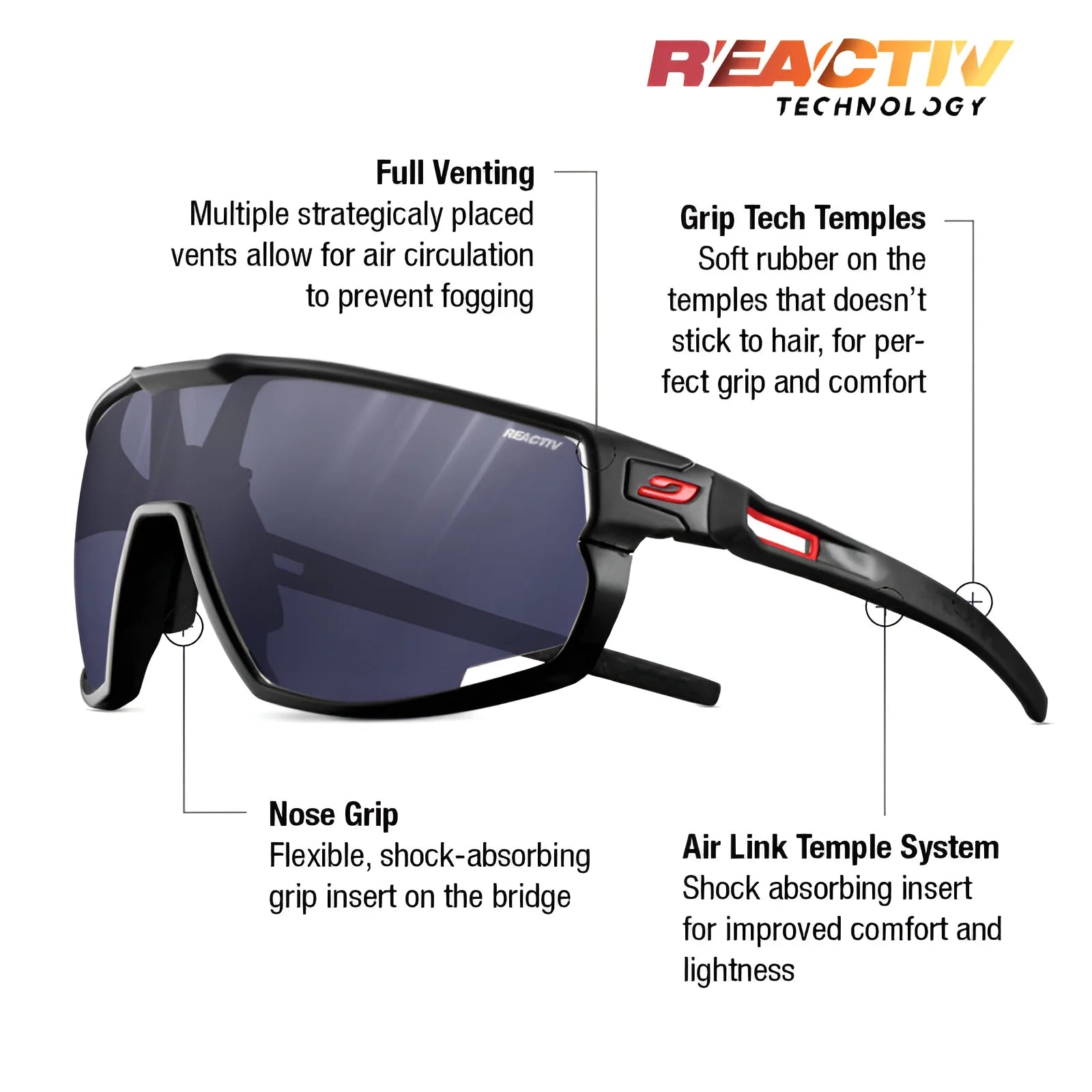 The Julbo Rush Sunglasses by Julbo are crafted for cyclists, boasting photochromic lenses and detailed features: full venting, nose grip, adjustable temples with grip tech, and an air link temple system.