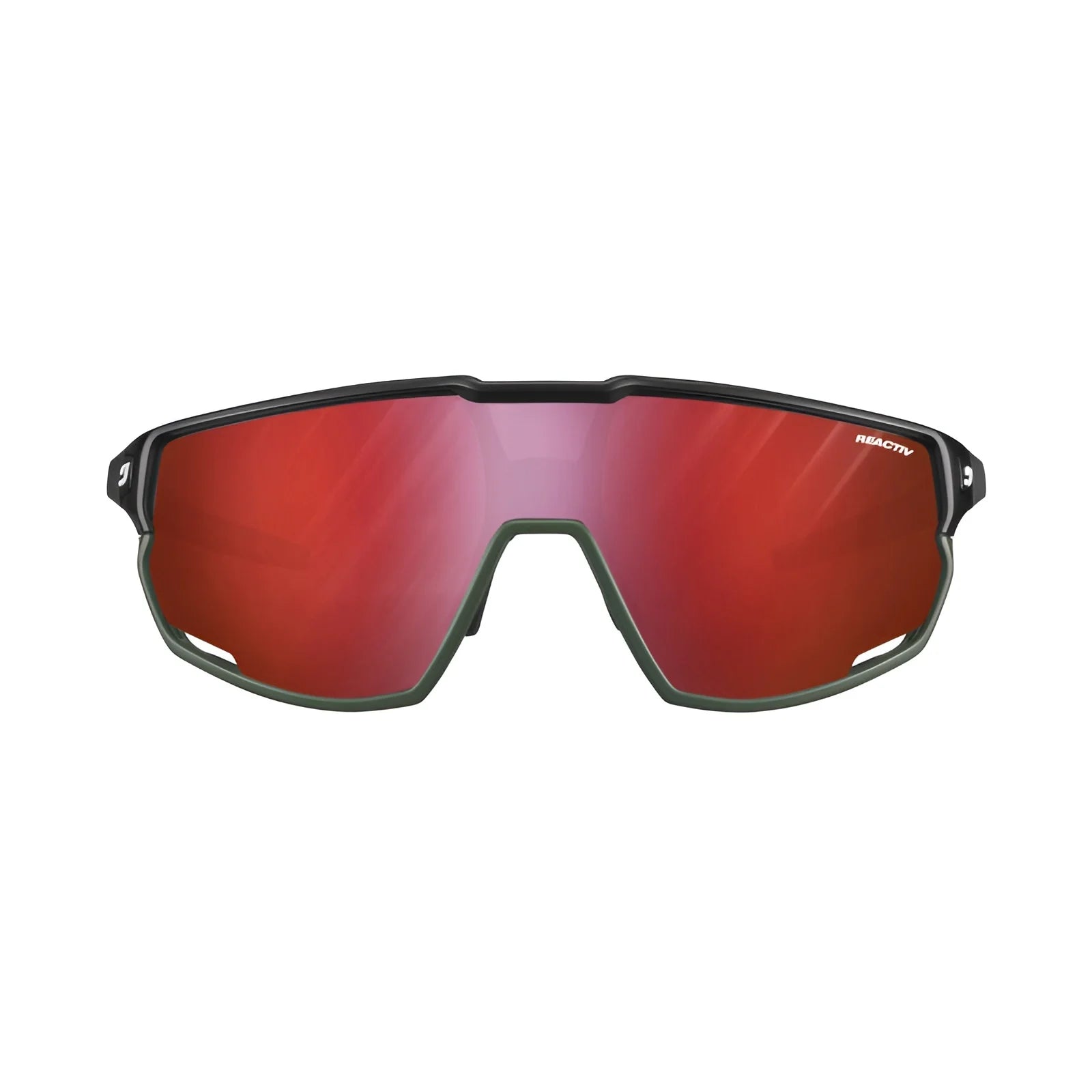 Julbo Rush Sunglasses feature a sleek black frame and reflective red lenses on a white background. Offering adjustable temples for a perfect fit, these stylish sunglasses by Julbo ensure comfort and performance during every ride.