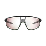 The Julbo Rush Sunglasses by Julbo are sleek black sports sunglasses with mirrored lenses, featuring an angular design and lightweight frame. These cycling glasses offer adjustable temples for a perfect fit.
