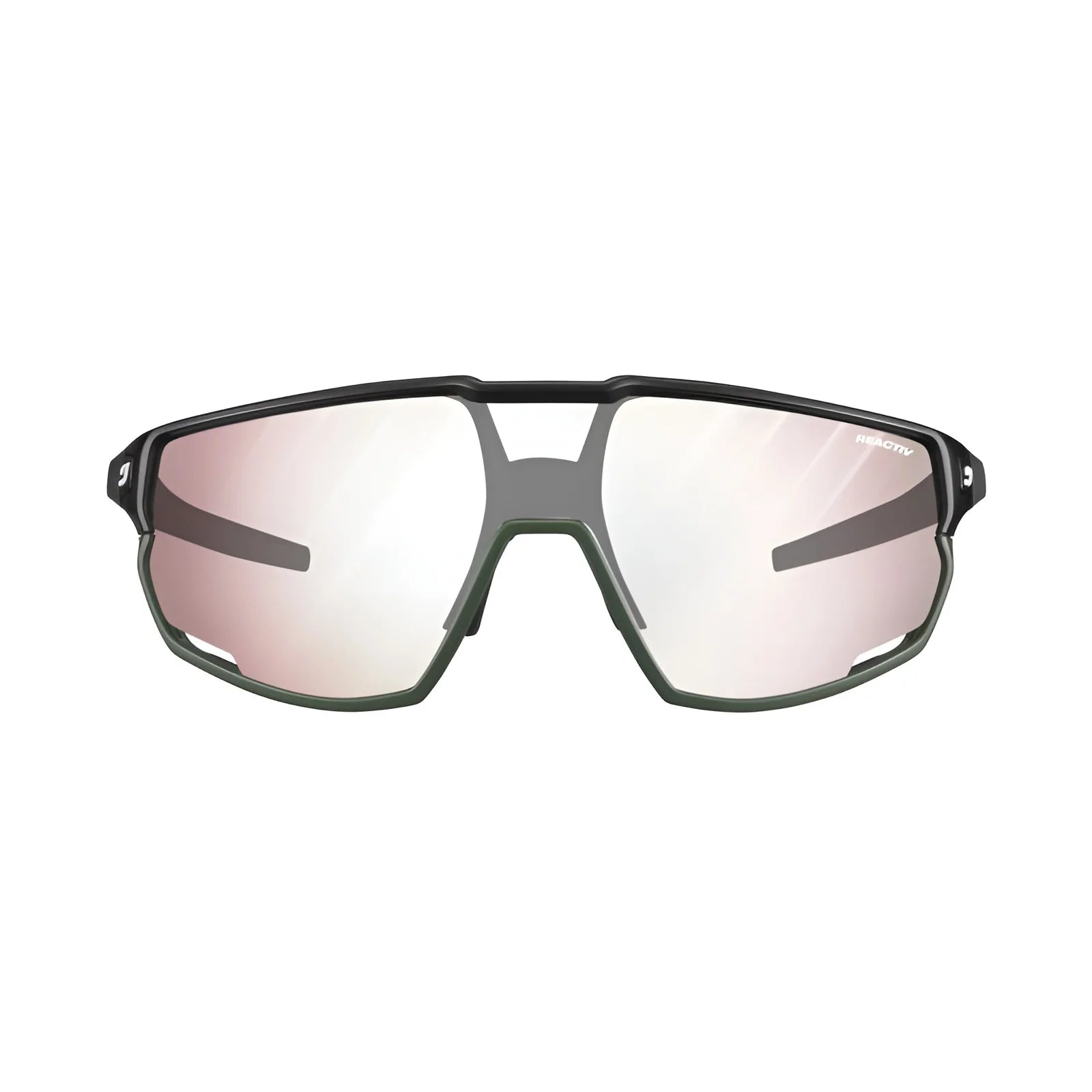 The Julbo Rush Sunglasses by Julbo are sleek black sports sunglasses with mirrored lenses, featuring an angular design and lightweight frame. These cycling glasses offer adjustable temples for a perfect fit.