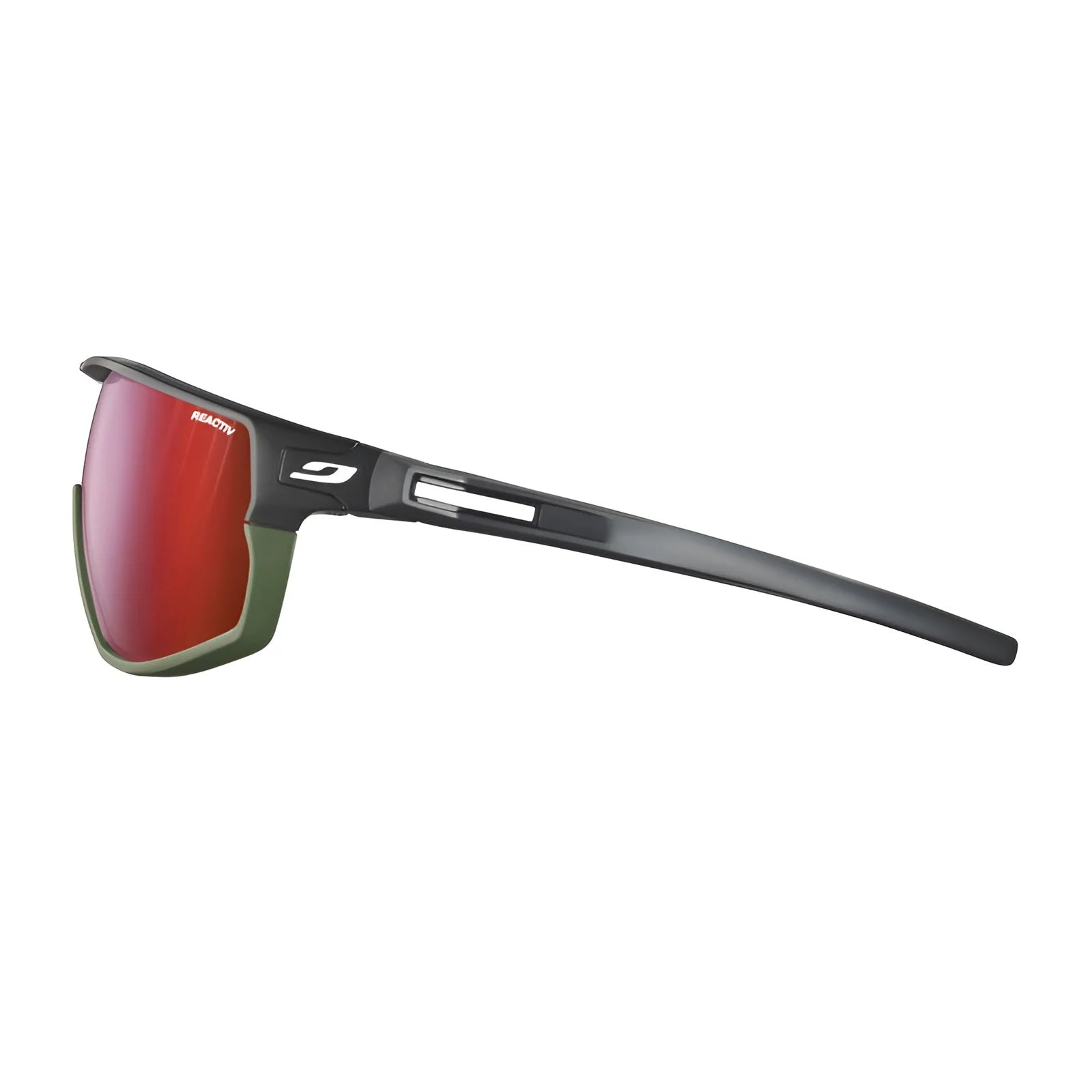 The Julbo Rush Sunglasses by Julbo feature photochromic red lenses that adapt to light, a sleek black and green frame with a side view, and adjustable temples for a custom fit—ideal for any outdoor adventure.