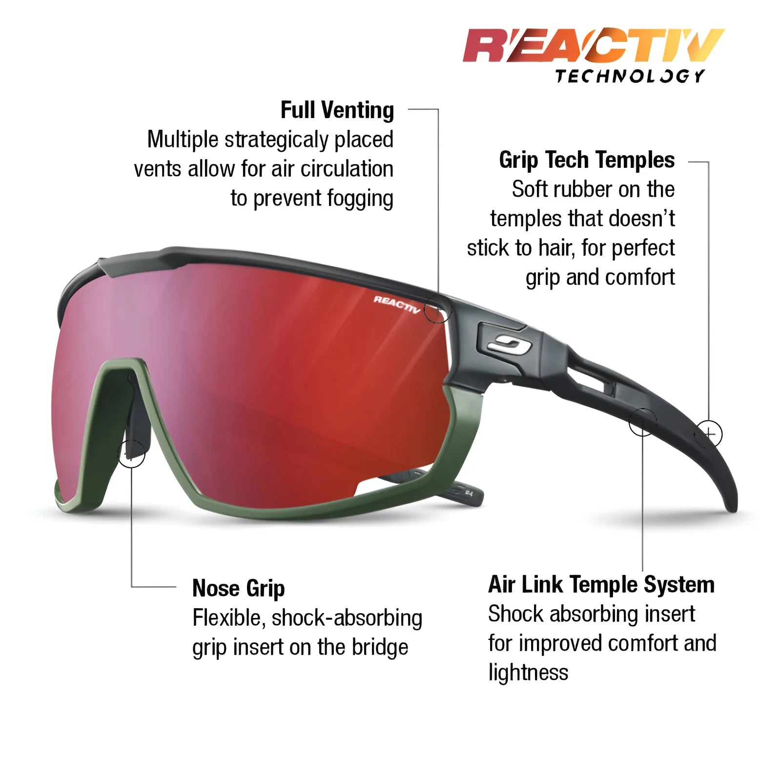 The Julbo Rush Sunglasses feature red, photochromic lenses with full venting, grip temples, nose grip, and adjustable air link temples for a perfect fit and comfort.