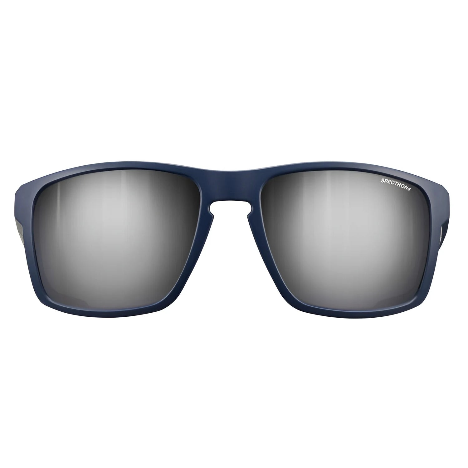 Julbo's Shield Sunglasses, size 59, have a dark blue frame, reflective square lenses, and feature Grip Nose technology for added comfort.