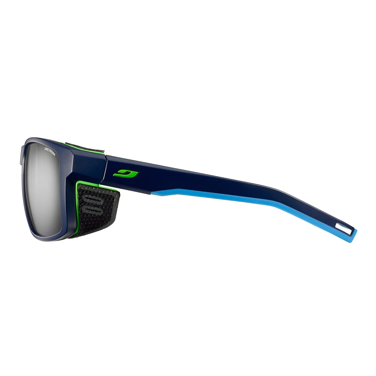 The Julbo Shield Sunglasses, Size 59, by Julbo are sporty blue with green accents, featuring protective side shields, a Grip Nose for secure fit, and Air Flow ventilation for cooling comfort.