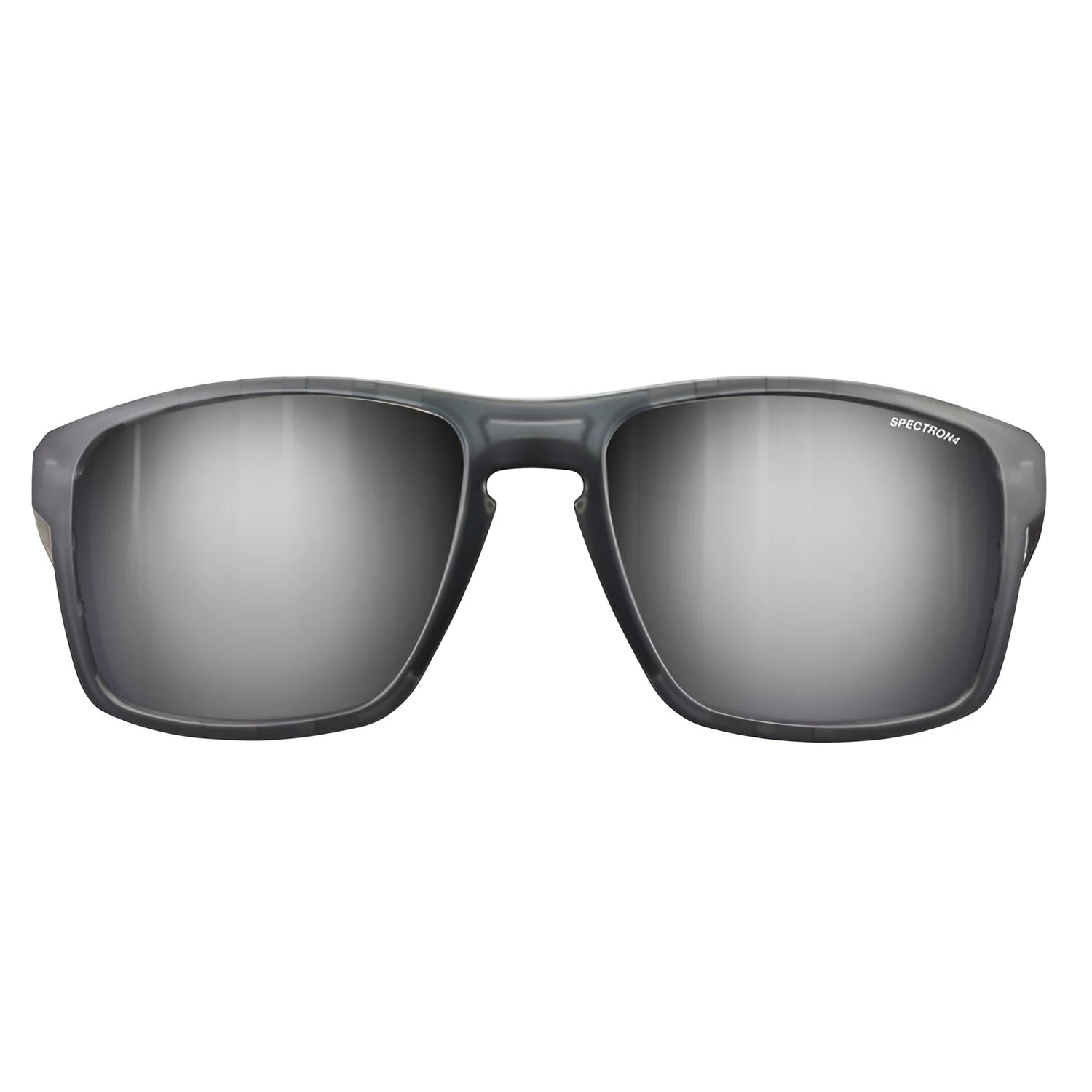 Julbo Shield Sunglasses | Size 59, with gray mirrored lenses featuring "SPECTRON" on the right lens and Grip Nose technology for comfort and stability, showcase a sleek design with Shield M styling from the front.