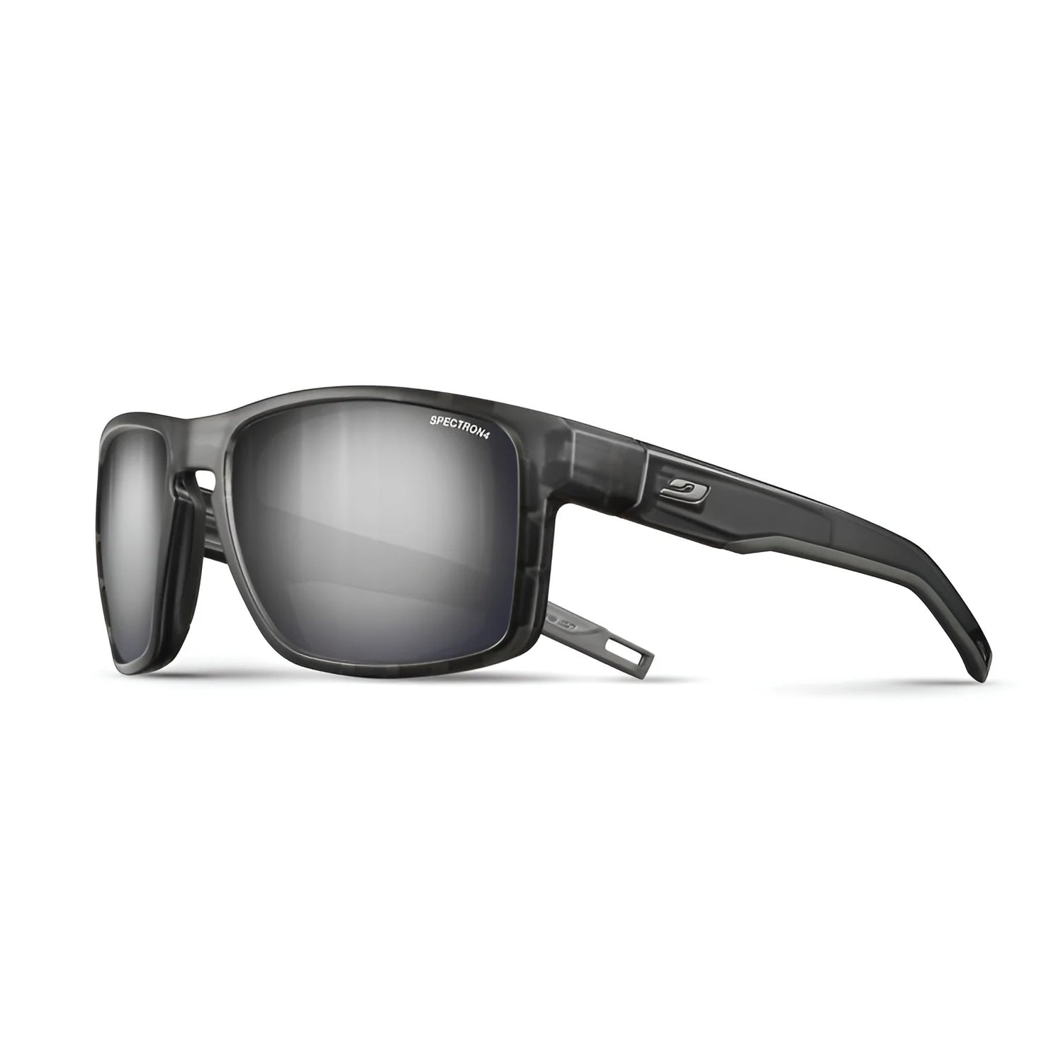 The Julbo Shield Sunglasses in size 59 offer a modern design with reflective lenses and a Grip Nose for a secure fit, highlighted by their sleek black frame and angled view.