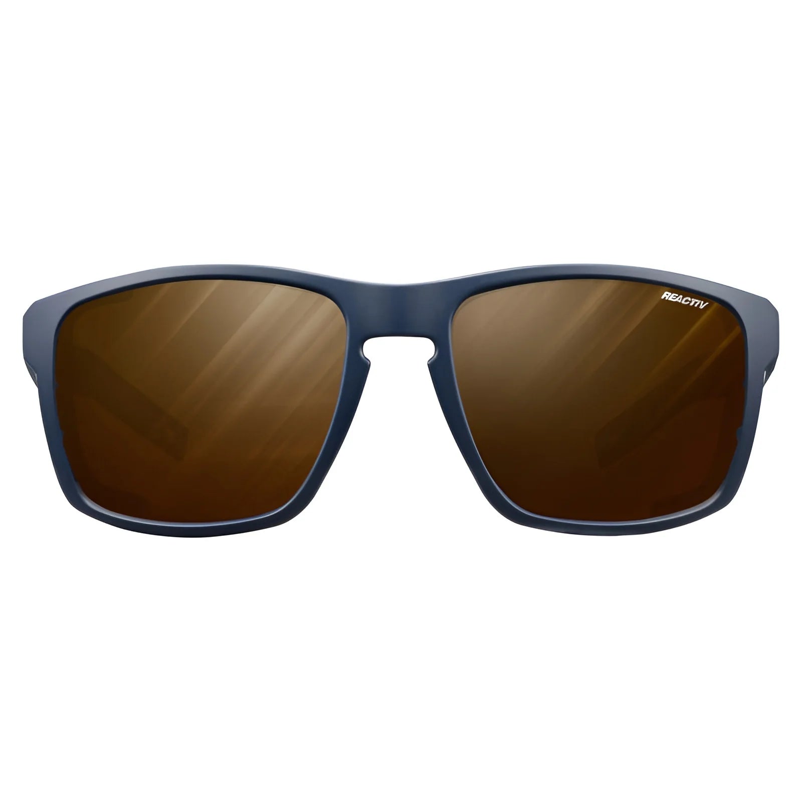 Julbo Shield Sunglasses Size 59, with blue frames and brown lenses, feature a Grip Nose for a secure fit, shown from the front.