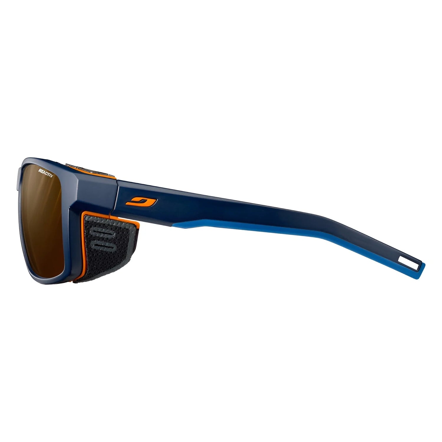 The Julbo Shield Sunglasses | Size 59 feature a blue design with orange accents, equipped with Grip Nose for a secure fit and Air Flow ventilation to keep you cool, along with sleek side shields.