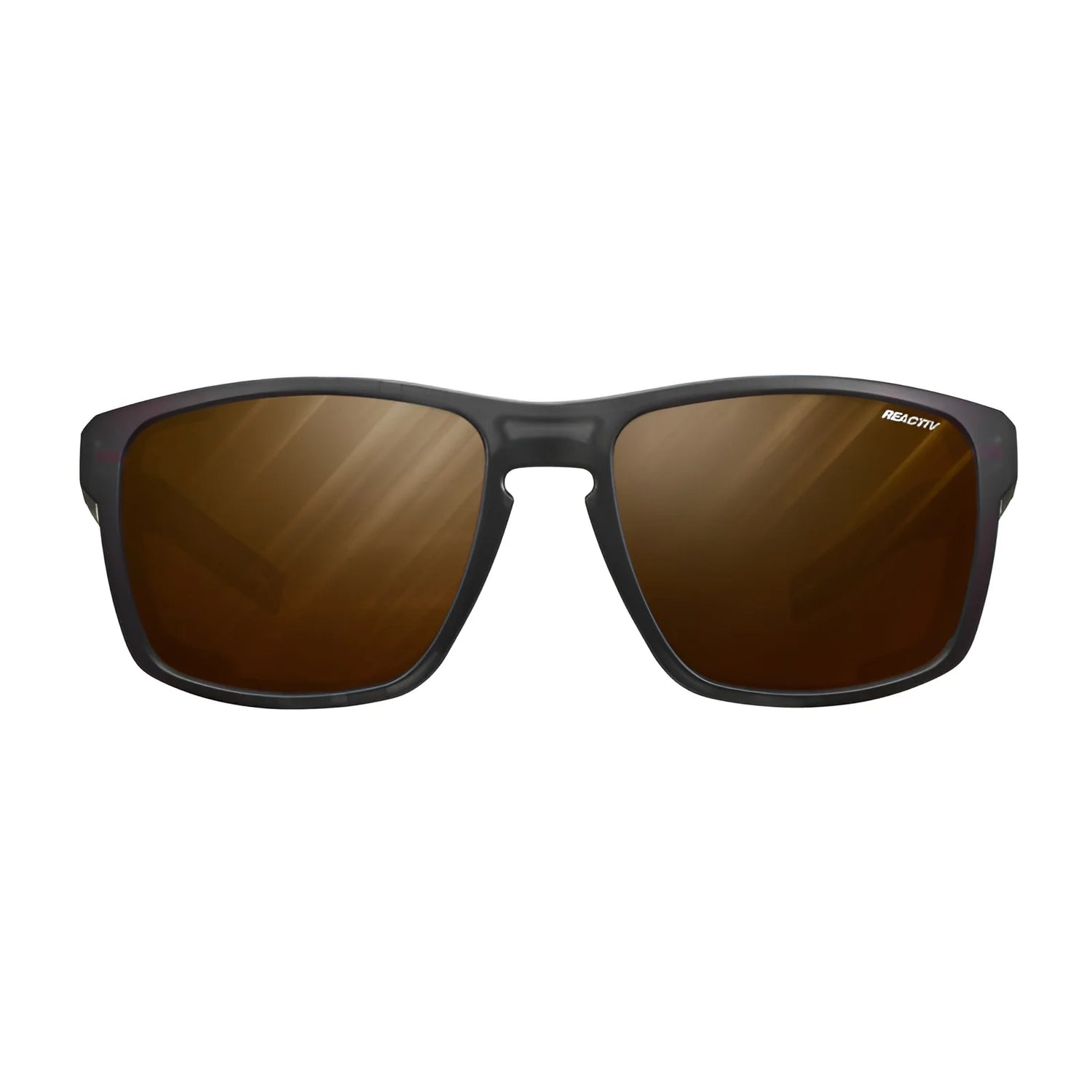 The Julbo Shield Sunglasses | Size 59, featuring a sleek Grip Nose design for comfort and stability, have black frames with brown-tinted lenses and are viewed from the front against a white background.