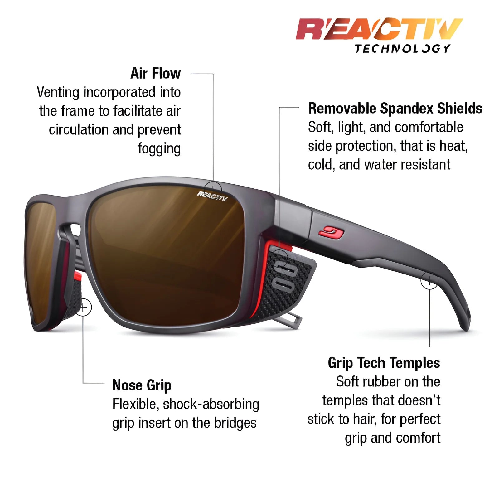 Introducing the Julbo Shield Sunglasses | Size 59, featuring Air Flow ventilation, spandex shields, a shock-absorbing Grip Nose, and soft rubber temples for superior comfort.