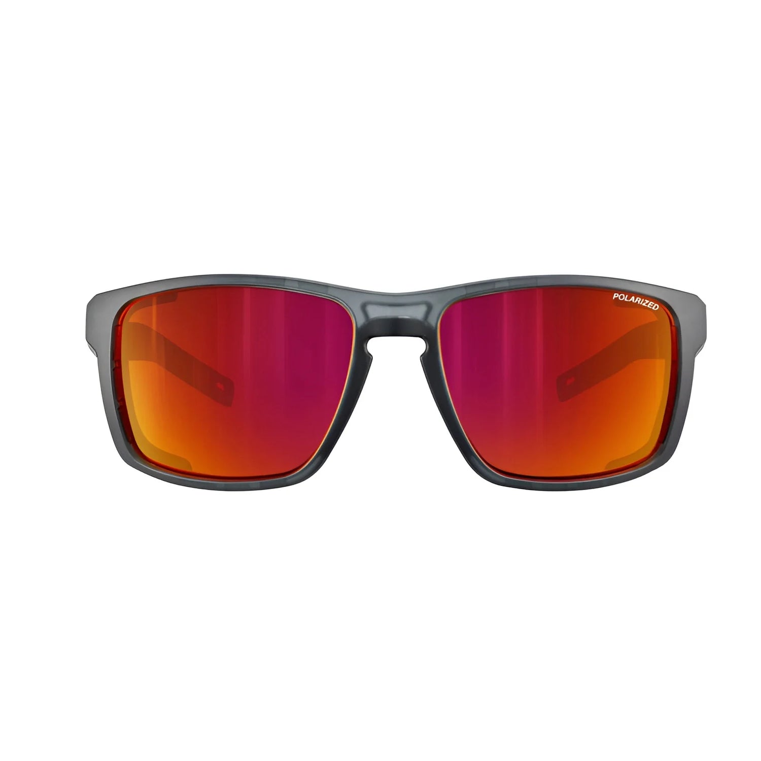 The Julbo Shield Sunglasses | Size 59 feature a sleek black frame with reflective red-orange polarized lenses and are enhanced with Grip Nose technology for a secure fit during any adventure.