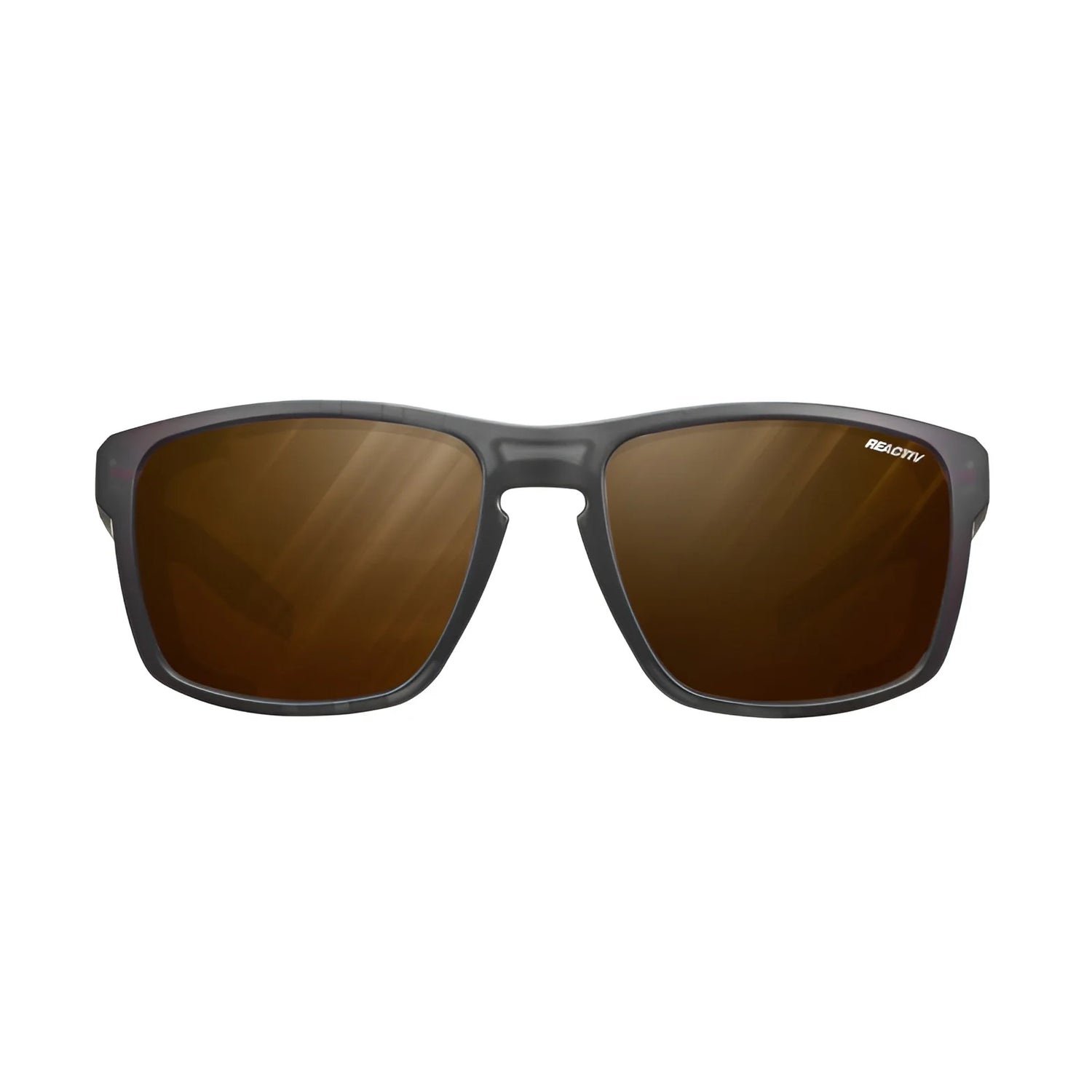 The Julbo Shield Sunglasses, Size 59, are black with brown-tinted lenses and feature Grip Nose technology for comfort.
