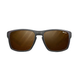 The Julbo Shield Sunglasses, Size 59, are black with brown-tinted lenses and feature Grip Nose technology for comfort.