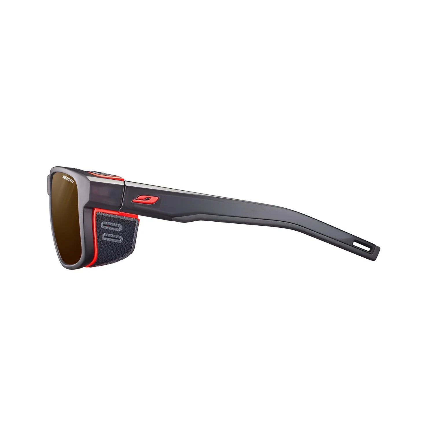 Side view of Julbo's black Shield sunglasses in size 59, showcasing the M design with red accents, dark lenses, and a Grip Nose for enhanced comfort.