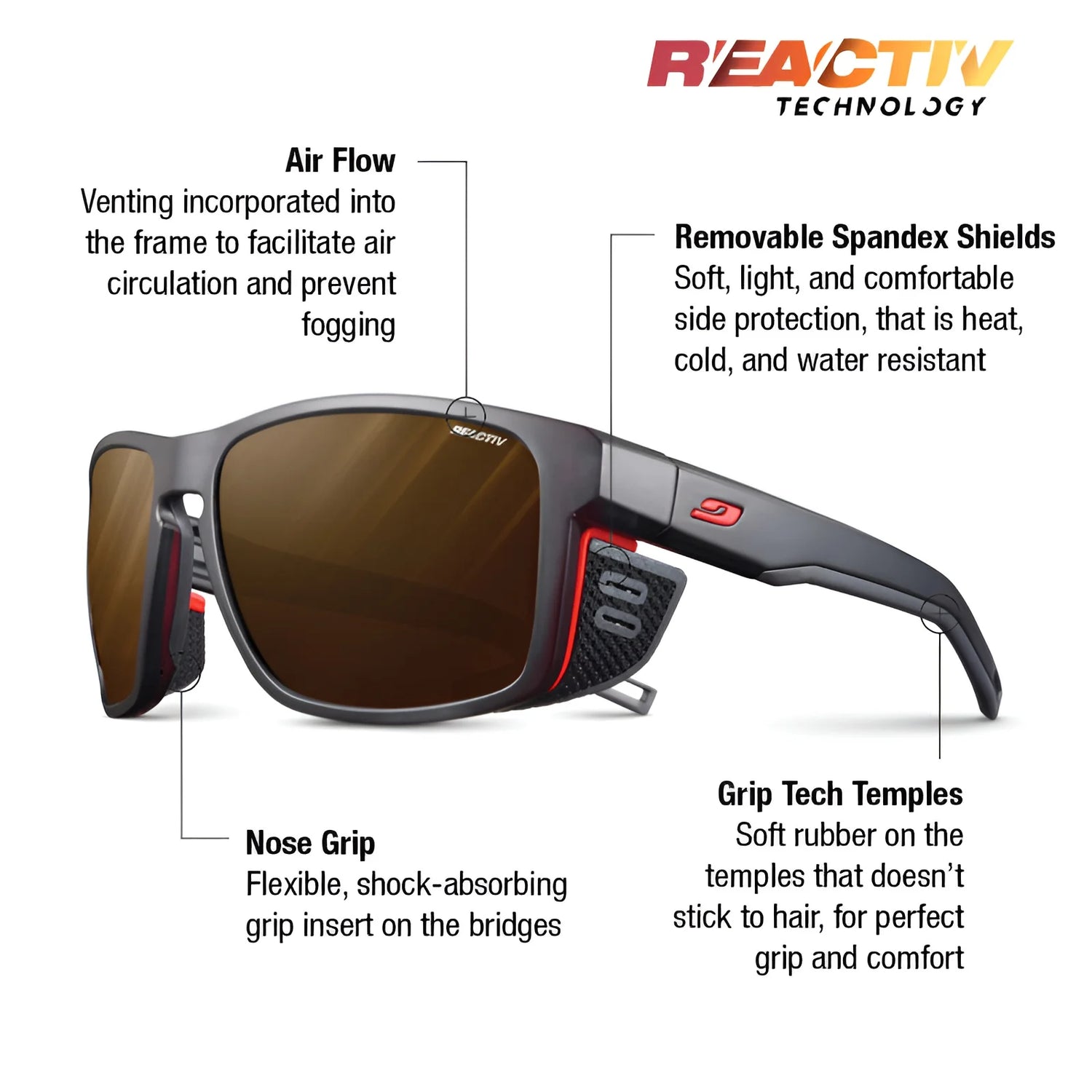 The Julbo Shield Sunglasses (Size 59) feature Air Flow ventilation, a removable spandex Shield M, Grip Nose, and grip tech temples with Reactiv technology.