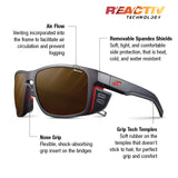 The Julbo Shield Sunglasses (Size 59) feature Air Flow ventilation, a removable spandex Shield M, Grip Nose, and grip tech temples with Reactiv technology.