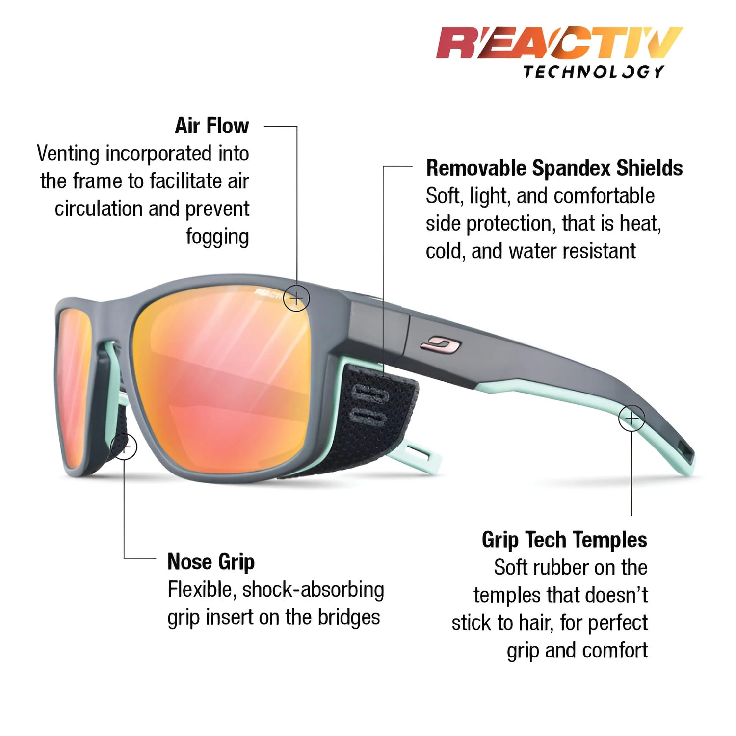 Julbo Shield Sunglasses | Size 59 offer Air Flow ventilation, Removable Spandex Shields, Grip Nose technology, and Grip Tech Temples.