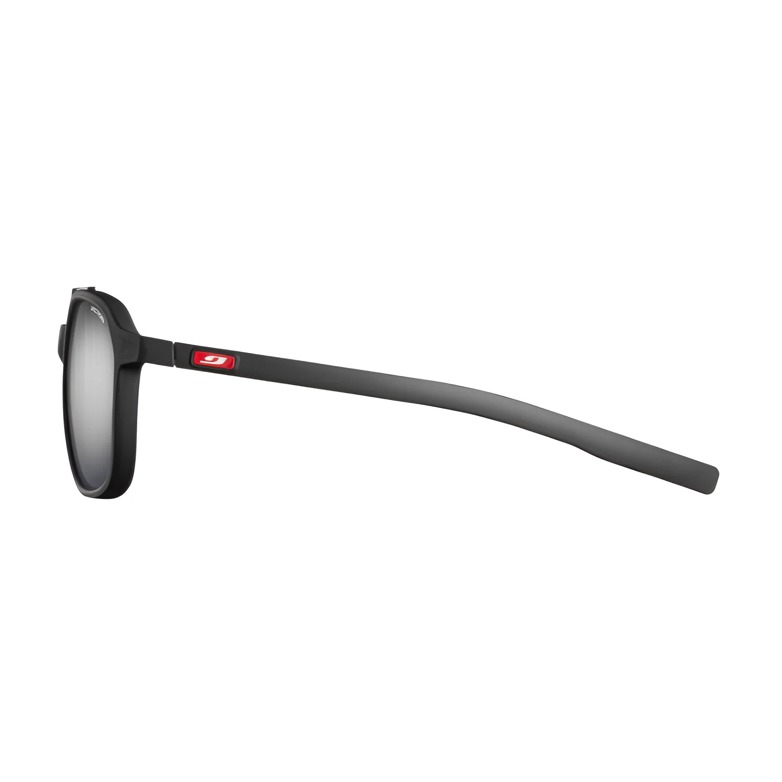 Side view of Julbo Slack Sunglasses (Size 52) in black, featuring a sleek design crafted from Bio-Sourced Rilsan and enhanced with Spectron HD reflective lenses, on a white background.