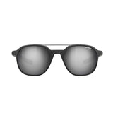 The Julbo Slack Sunglasses in size 52 feature black frames and Spectron HD mirrored lenses crafted from eco-friendly Bio-Sourced Rilsan, displayed on a white background.
