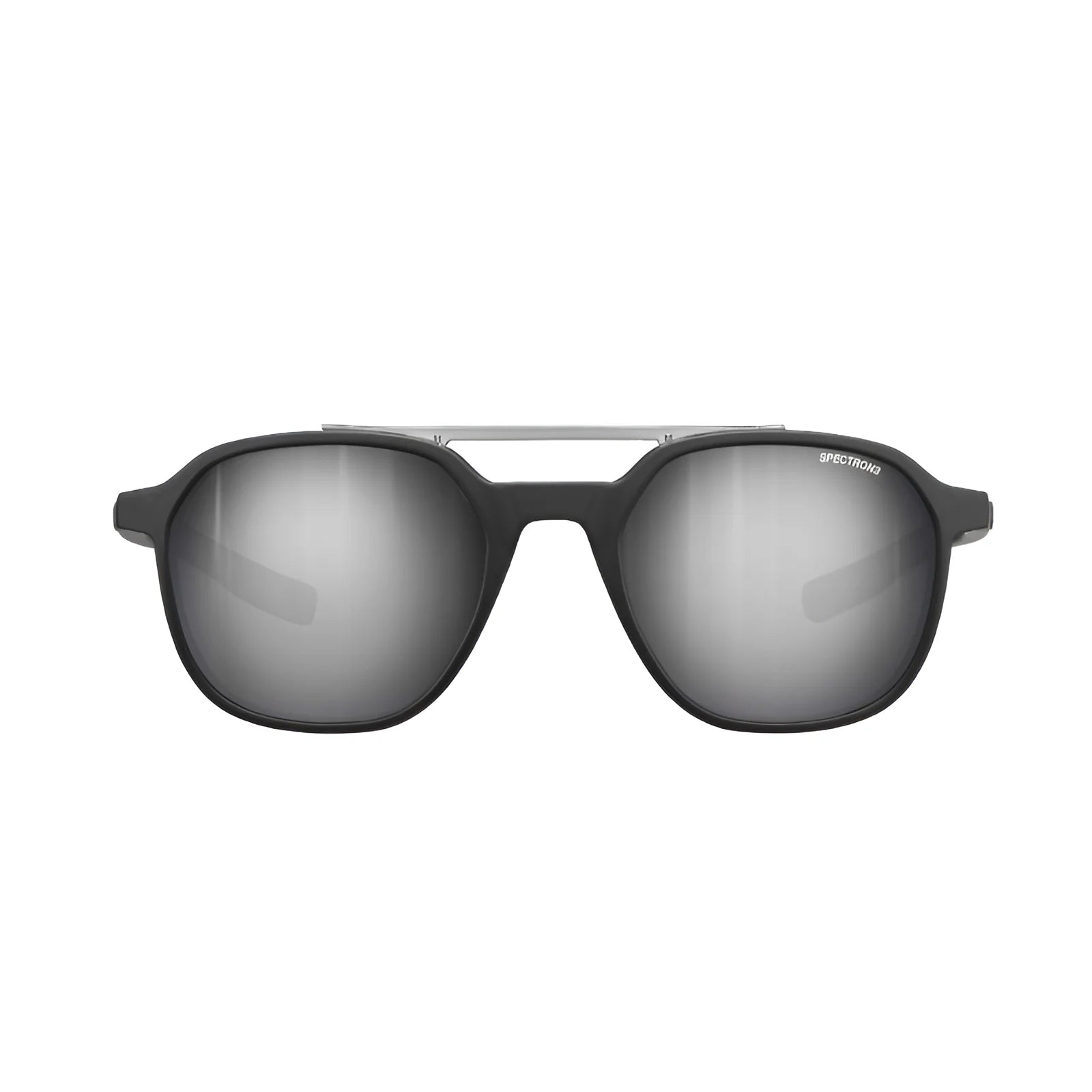 The Julbo Slack Sunglasses in size 52 feature black frames and Spectron HD mirrored lenses crafted from eco-friendly Bio-Sourced Rilsan, displayed on a white background.