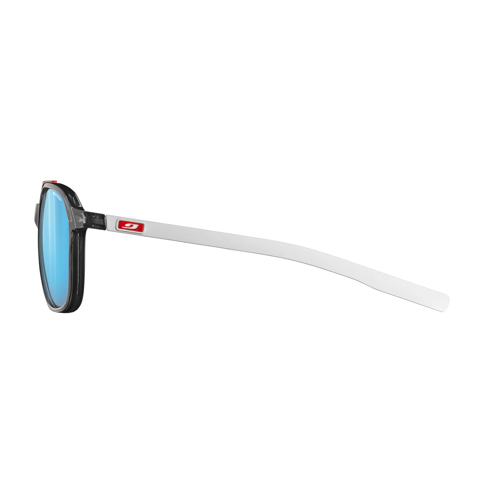 Side view of Julbo Slack Sunglasses in size 52, featuring Spectron HD blue lenses, a sleek black frame, and white Bio-Sourced Rilsan arms with a small red logo.