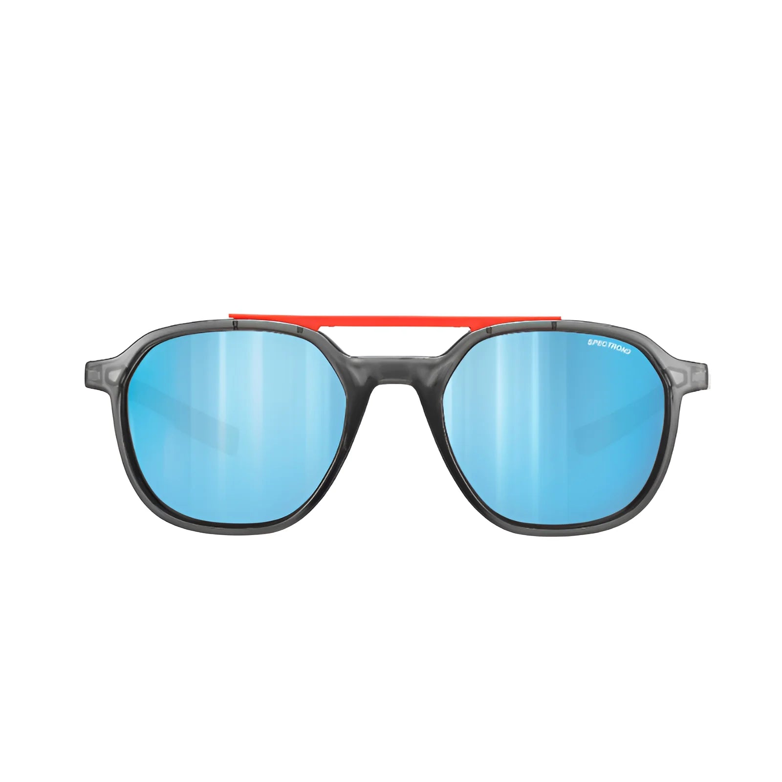 Julbo Slack Sunglasses, Size 52, feature black frames with blue mirrored Spectron HD lenses and a red top bar, crafted from Bio-Sourced Rilsan; viewed from the front.
