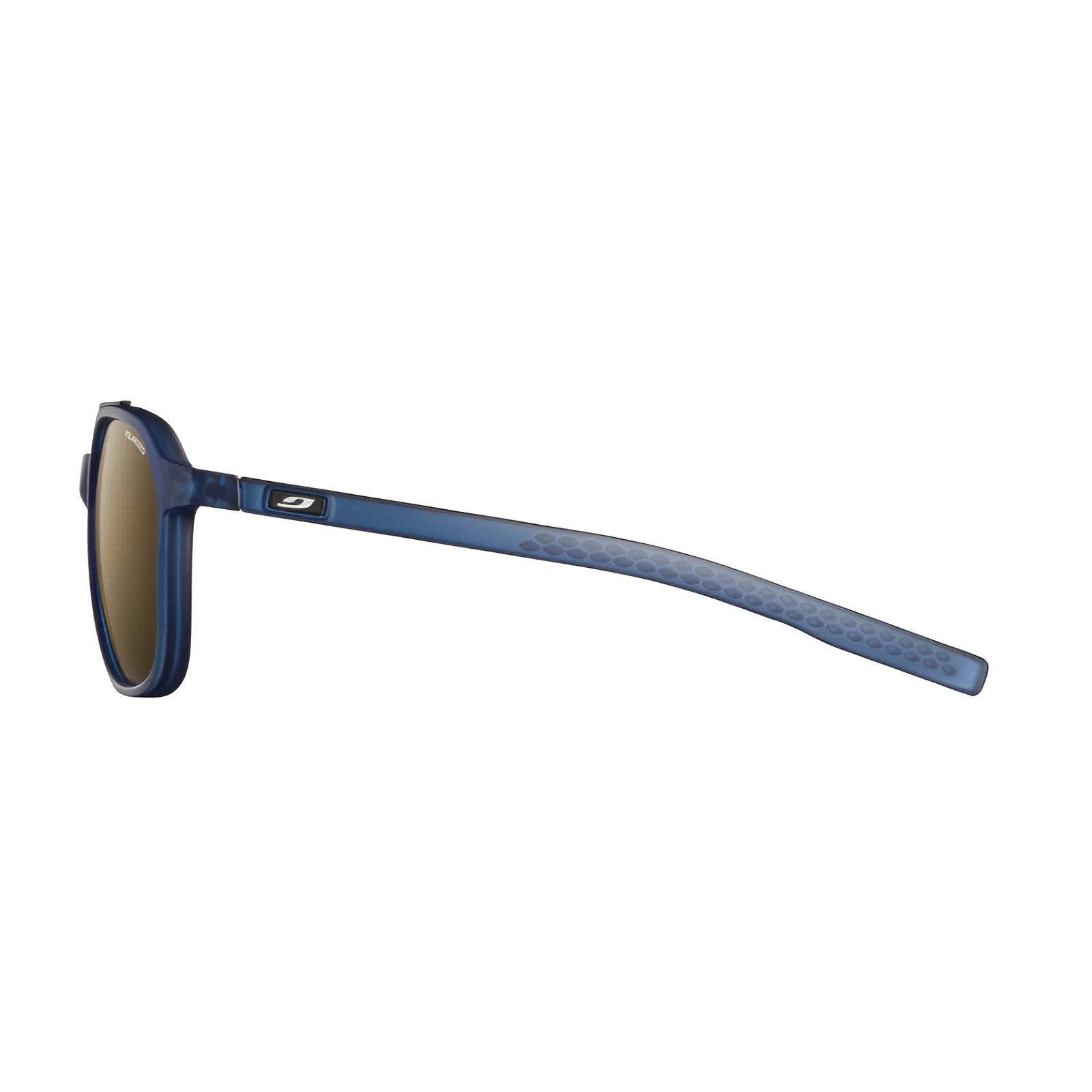 Side view of Julbo's Slack Sunglasses (Size 52) featuring blue frames, Spectron HD brown lenses, and a textured Bio-Sourced Rilsan arm on a white background.