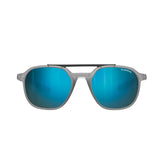 Front view of blue mirrored aviator-style Julbo Slack Sunglasses (Size 52) with a gray Bio-Sourced Rilsan frame and Spectron HD lenses.