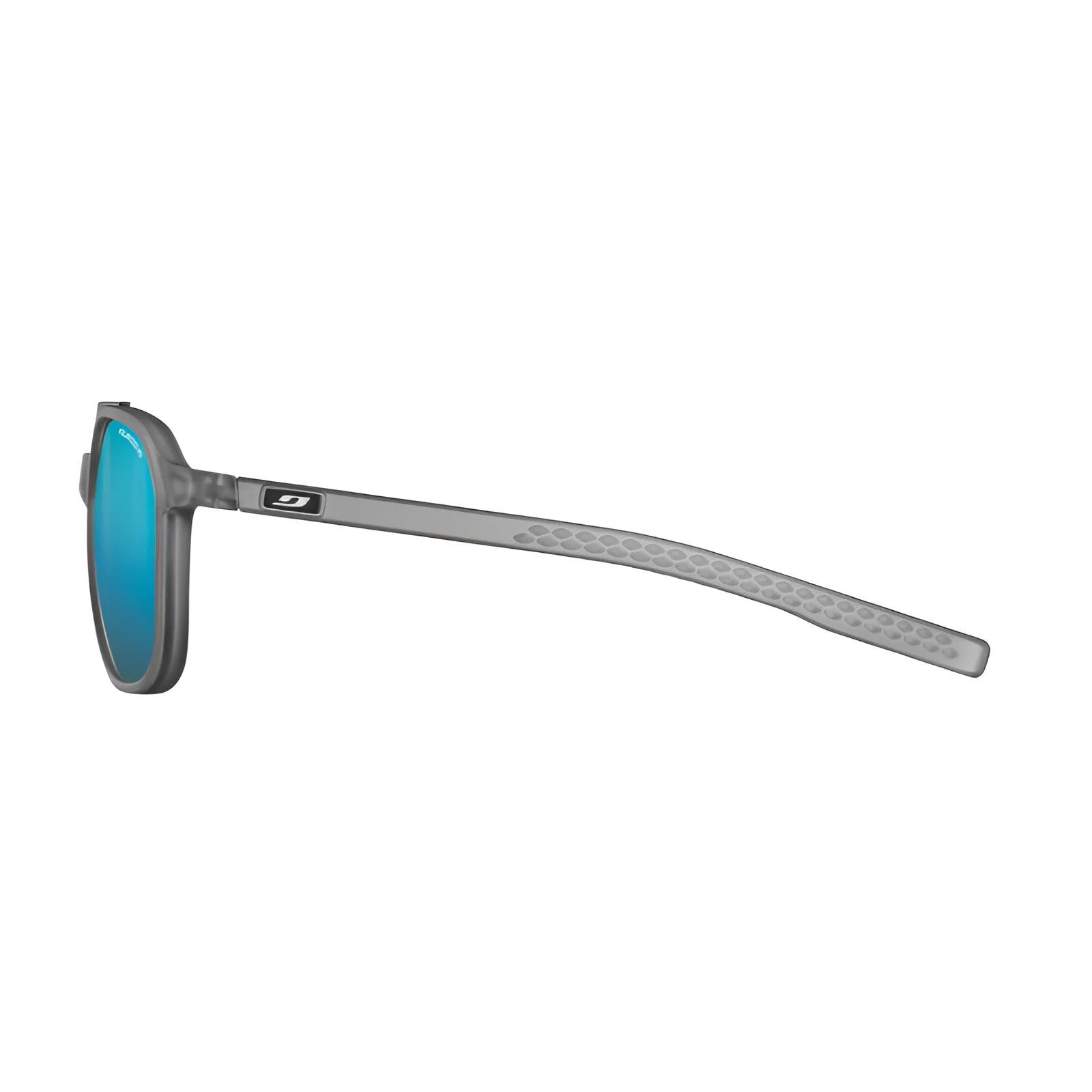 Side view of Julbo Slack Sunglasses, size 52, featuring gray frame with blue-tinted Spectron HD lenses and textured arms made from Bio-Sourced Rilsan.
