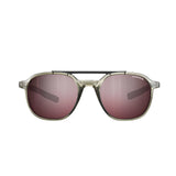 Julbo Slack Sunglasses, Size 52, showcase green-tinted frames made from Bio-Sourced Rilsan and pink mirrored Spectron HD lenses against a pristine white backdrop.