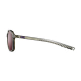 Side view of Julbo Slack Sunglasses, size 52, featuring a textured arm made from bio-sourced Rilsan and pink-tinted Spectron HD lenses against a white background.