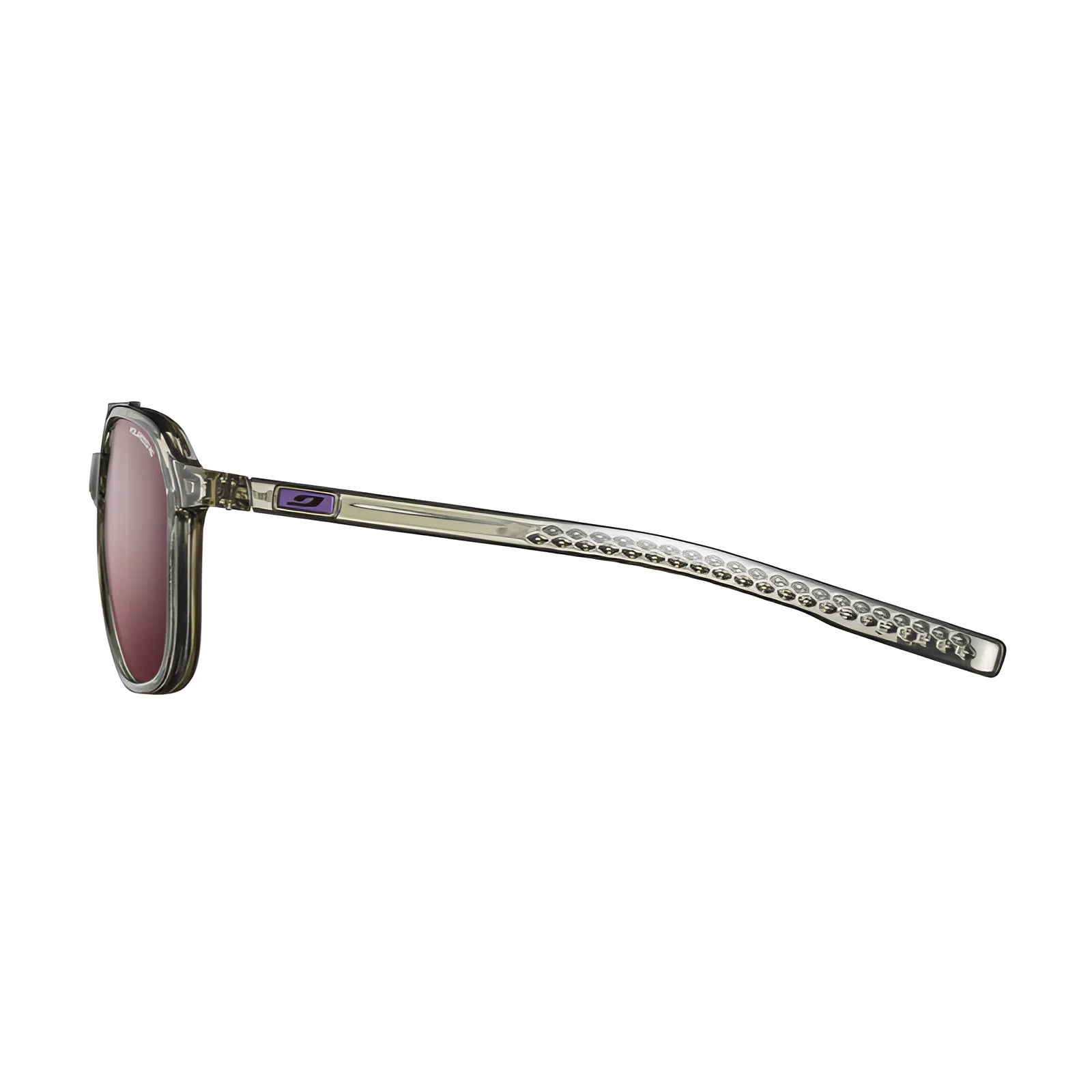 Side view of Julbo Slack Sunglasses, size 52, featuring a textured arm made from bio-sourced Rilsan and pink-tinted Spectron HD lenses against a white background.
