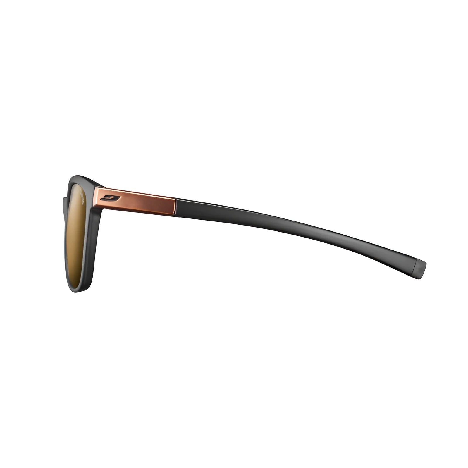 Julbo Spark Sunglasses | Size 54, showcased in a side view, feature sleek black frames with photochromic lenses that adapt to light. Enhanced with dark lenses and brown temple accents, they are designed for a secure fit with Grip Tech Temples.