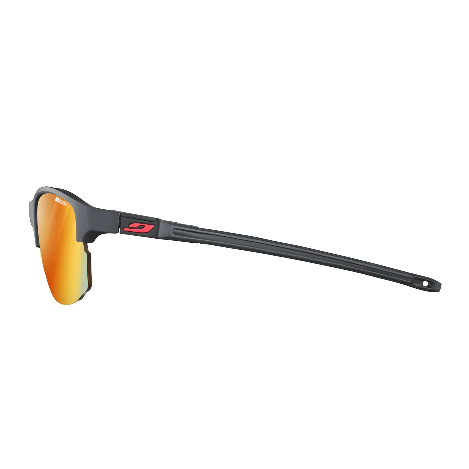 Side view of Julbo Split Sunglasses | Size 63 with black frame, orange REACTIV photochromic lenses, stylized logo on the arm, and CustomFIT temples for personalized comfort.