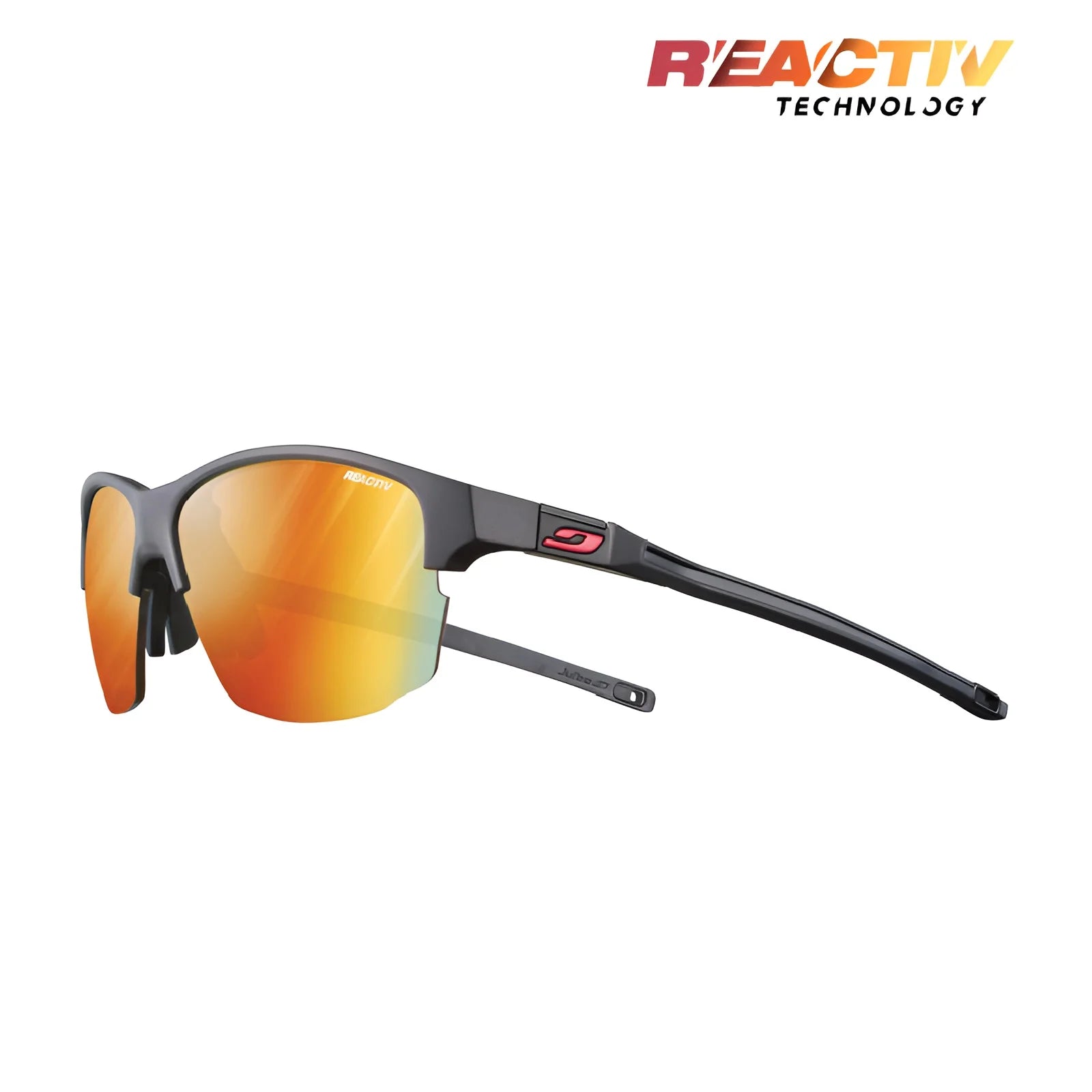 Julbo Split Sunglasses | Size 63 feature orange REACTIV photochromic lenses in a sleek black frame, showcasing "REACTIV Technology." They offer a perfect fit with CustomFIT temples for ultimate comfort and style. Brand: Julbo. Color: Black / Black / Red.