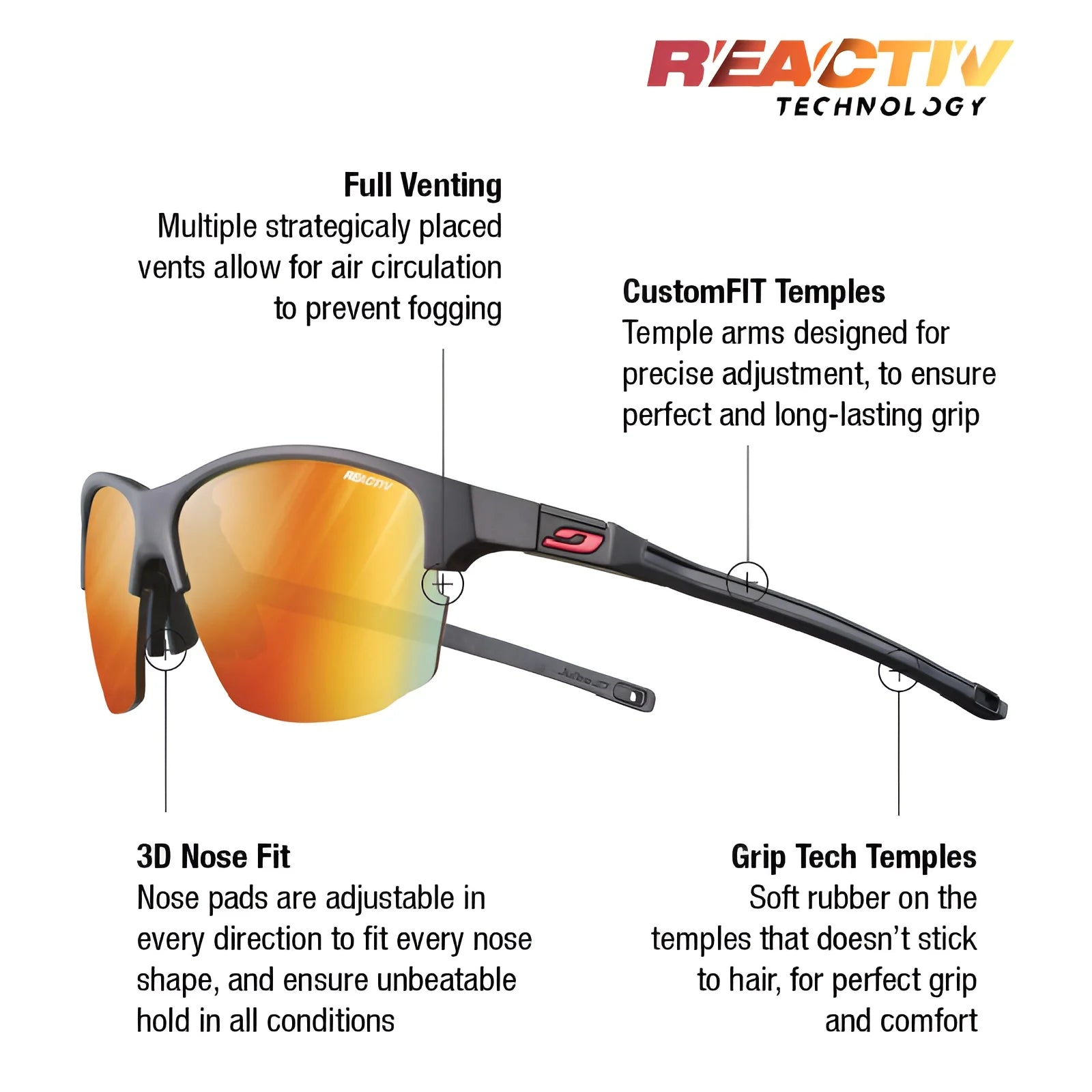 Julbo Split Sunglasses, Size 63, feature venting, adjustable nose pads, grip technology, REACTIV photochromic lenses, and CustomFIT temples for optimal fit.