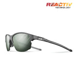 Julbo Split Sunglasses in Black Translucent/Grey with REACTIV photochromic lenses are displayed on a white background, featuring "Reactiv Technology" in the top right corner.