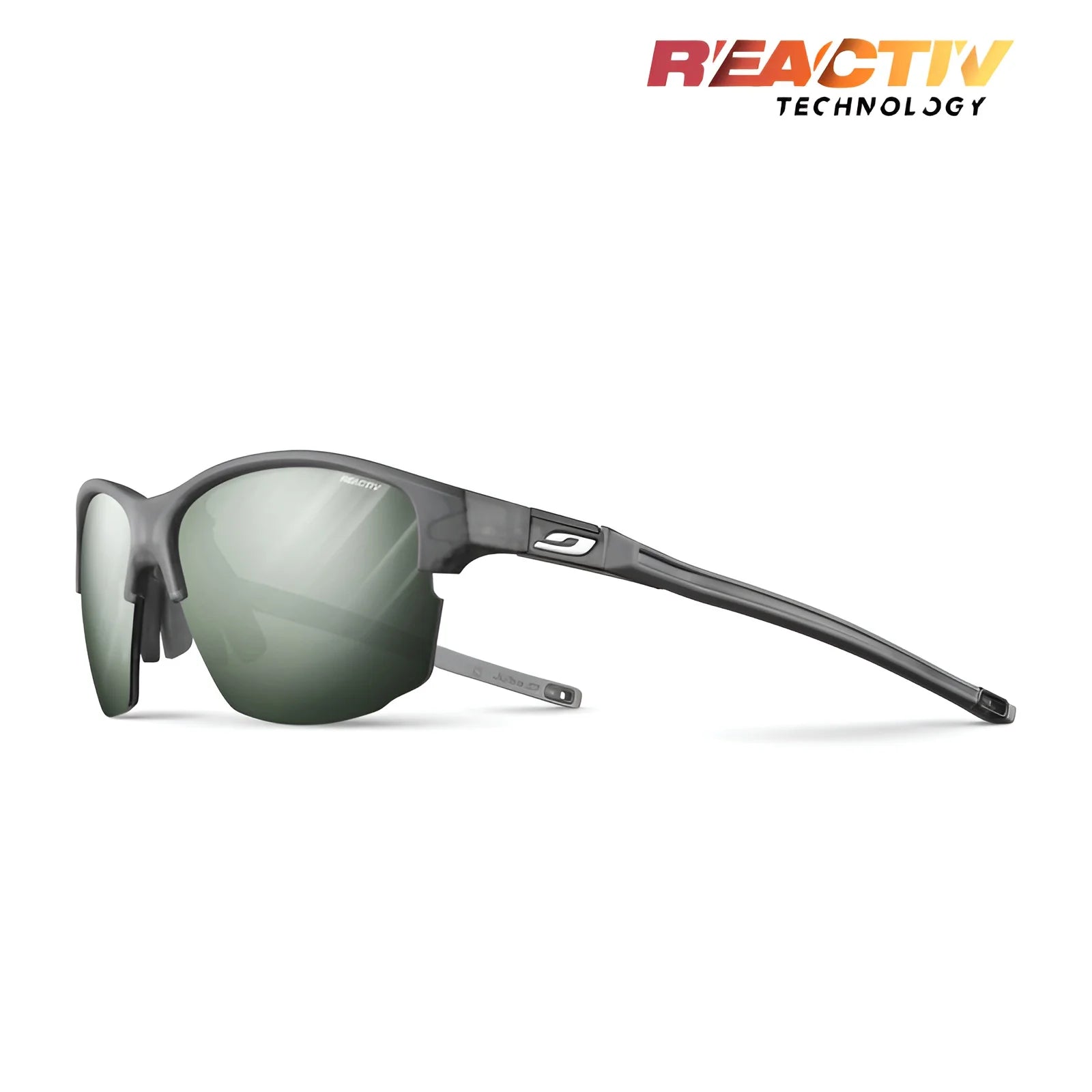 Julbo Split Sunglasses in Black Translucent/Grey with REACTIV photochromic lenses are displayed on a white background, featuring "Reactiv Technology" in the top right corner.