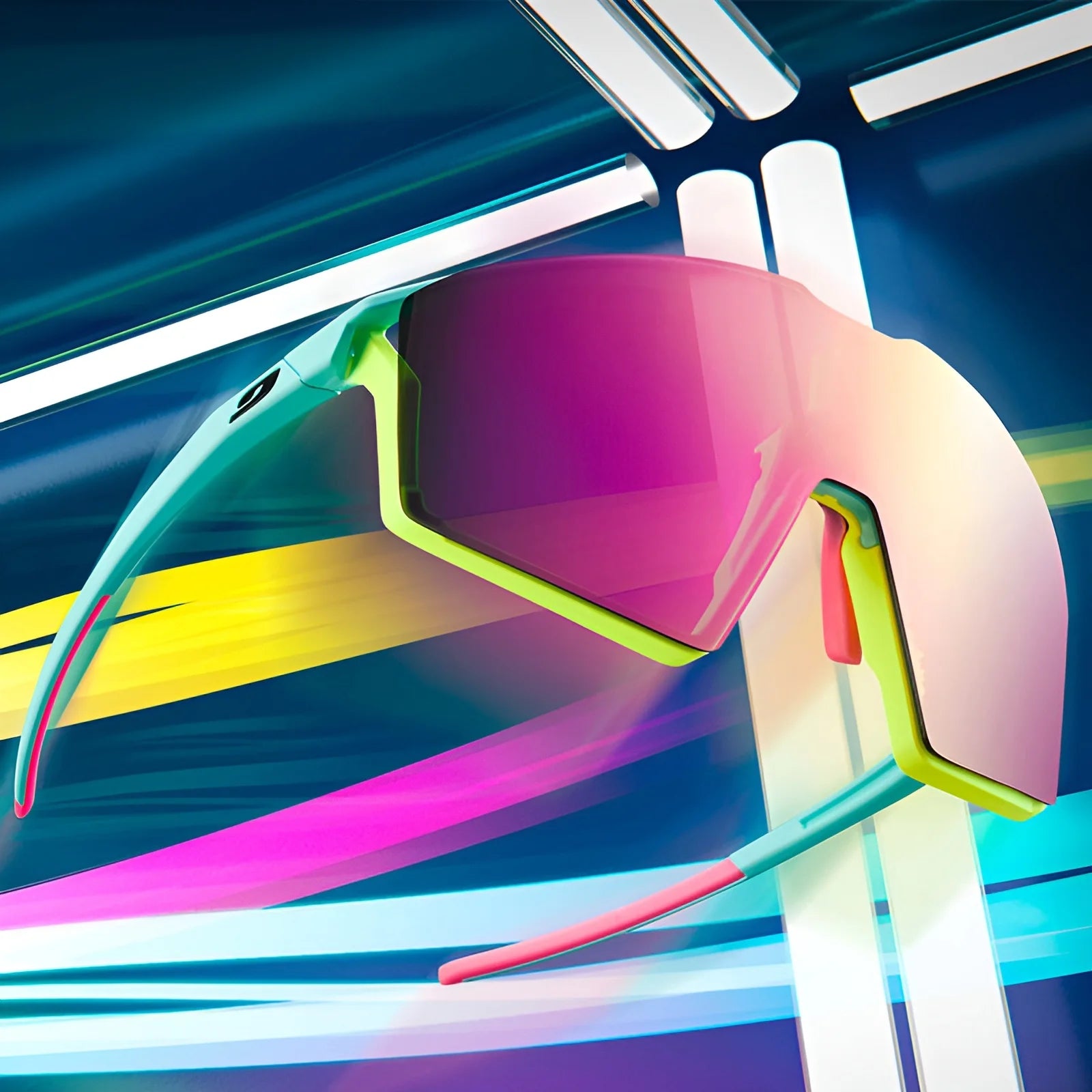 Explore the limited-edition Julbo The Bright Series Sunglasses. These futuristic frames boast reflective lenses and striking neon accents, set off by a vivid striped backdrop.