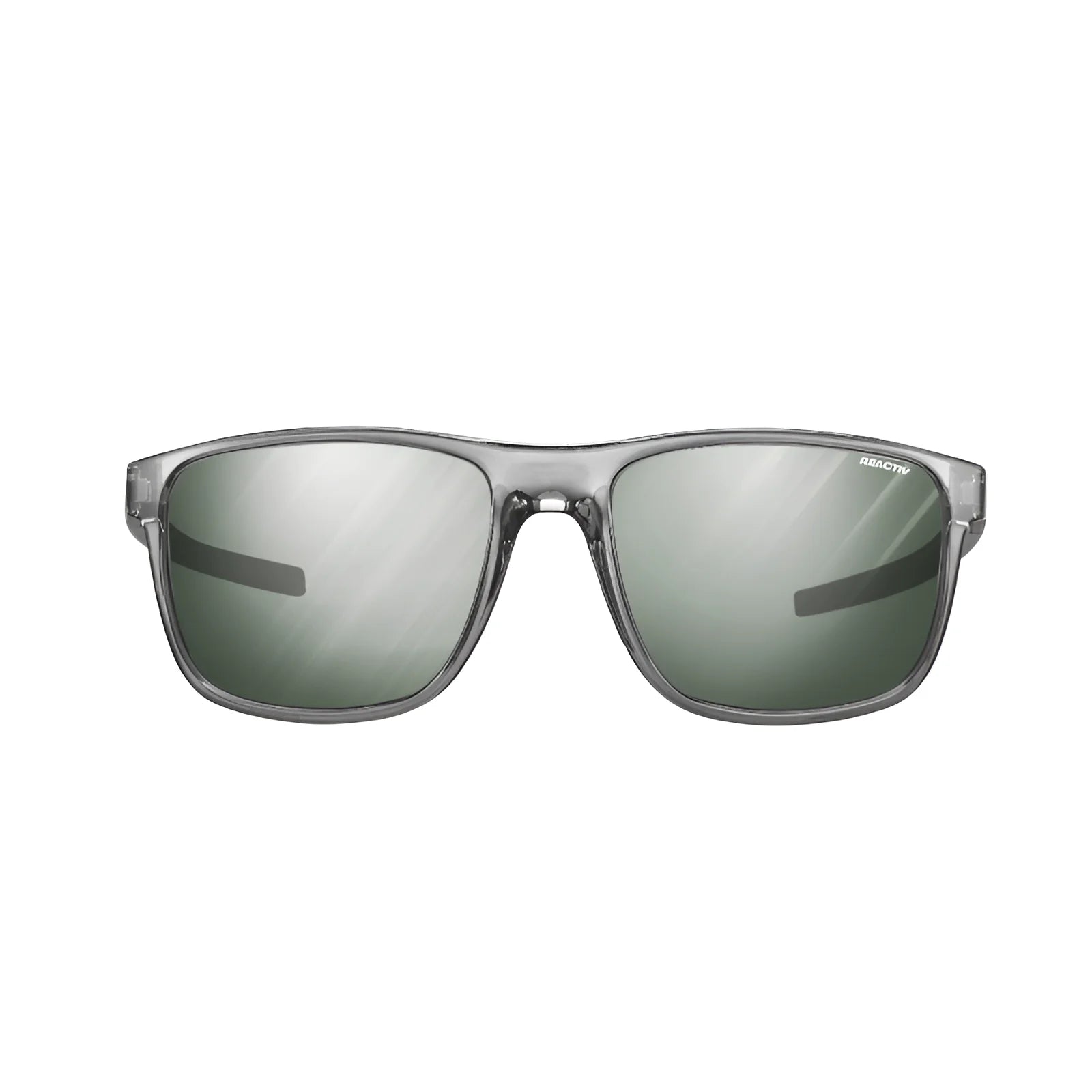 The Julbo The Streets Sunglasses in size 57 feature an ergonomic design with gray transparent frames and green-tinted lenses, displayed on a white background.