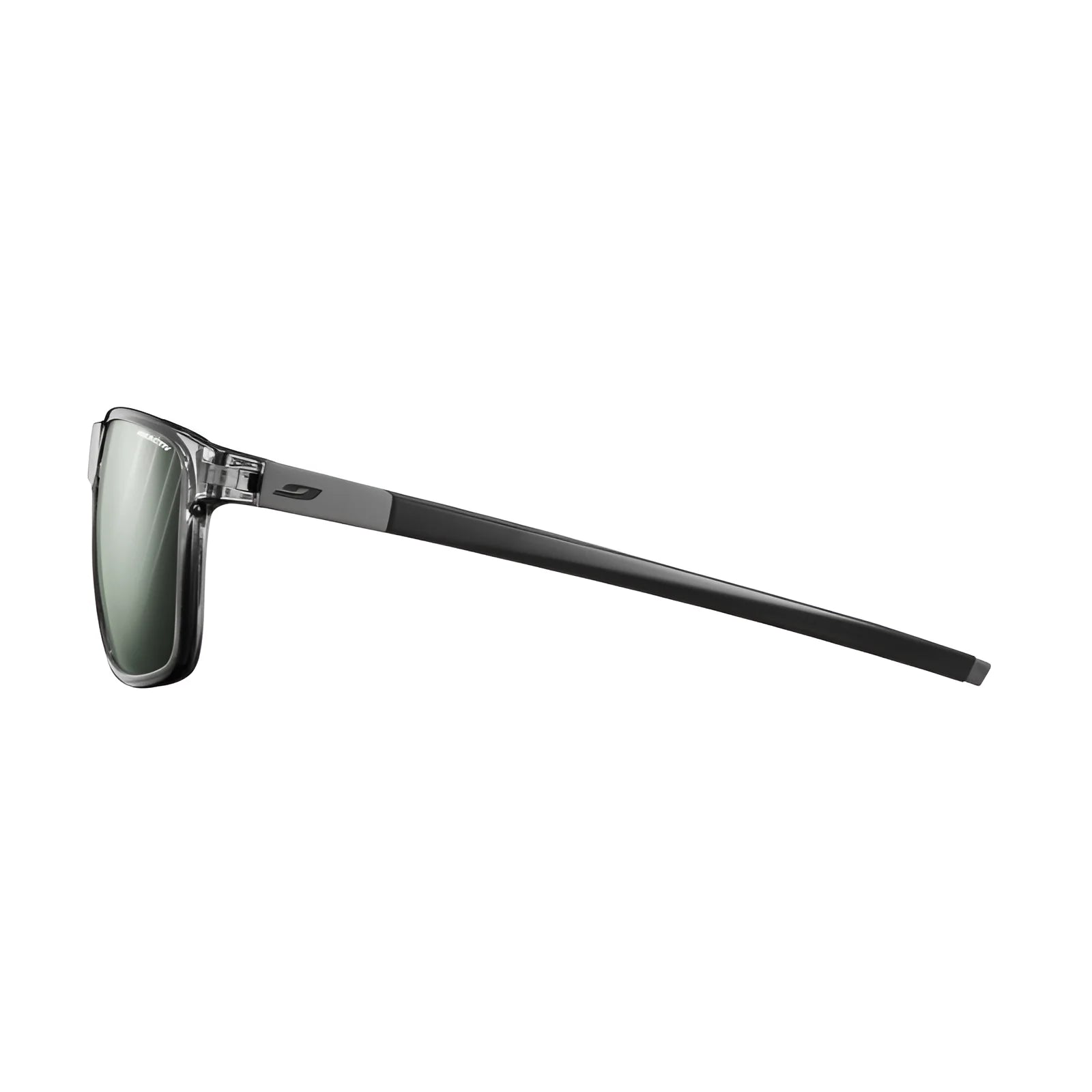 Side view of Julbo The Streets Sunglasses with a transparent frame and reflective green lenses, offering a sleek, eco-friendly design.