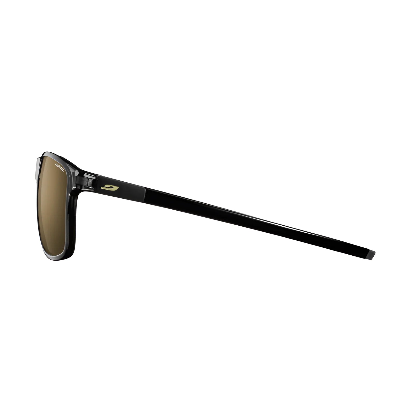 Side view of Julbo The Streets Sunglasses features an ergonomic frame with a sleek black and brown design and a green logo on the arm, isolated on a white background.