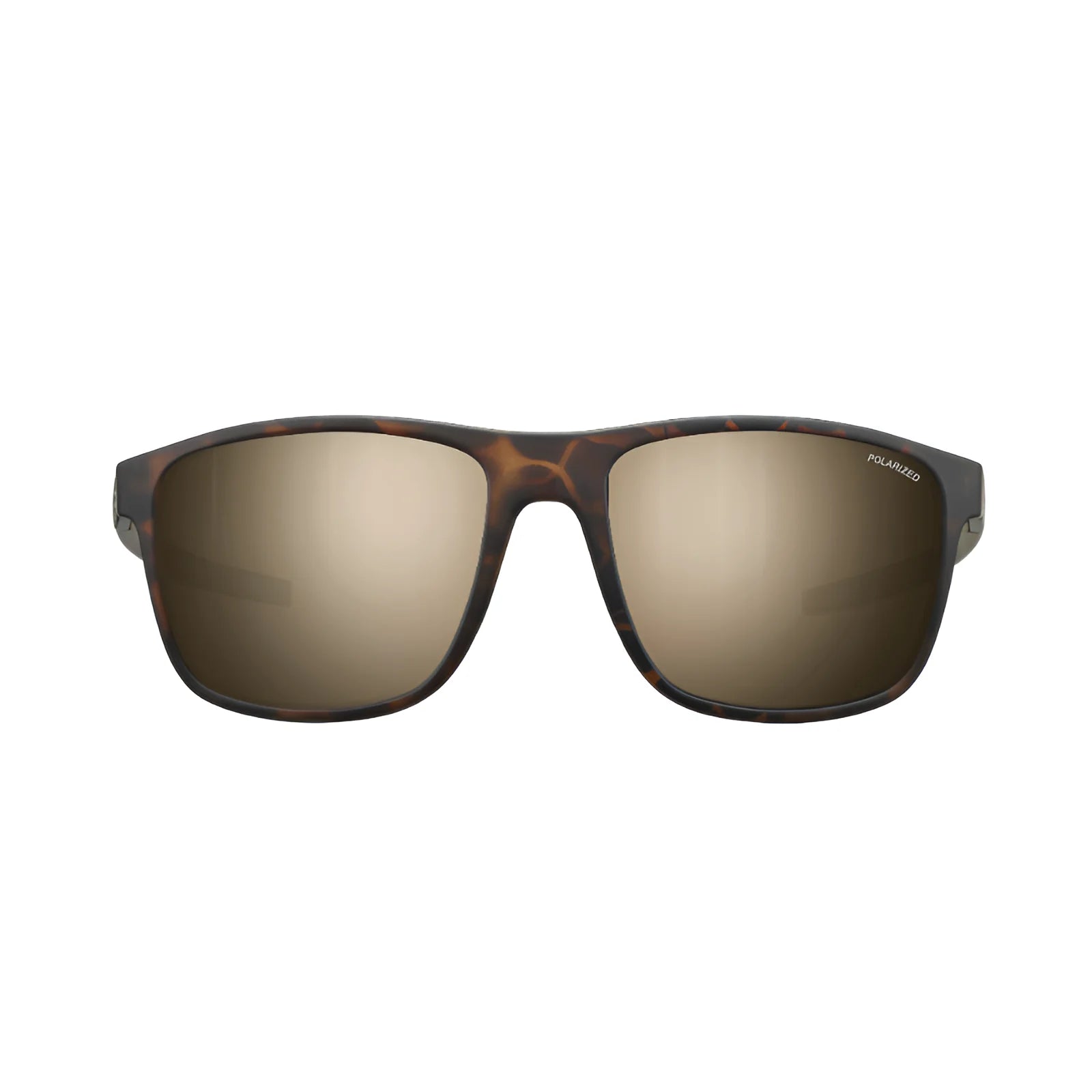 Front view of Julbo The Streets Sunglasses | Size 57 in tortoiseshell with ergonomic frame and polarized brown lenses on a white background.