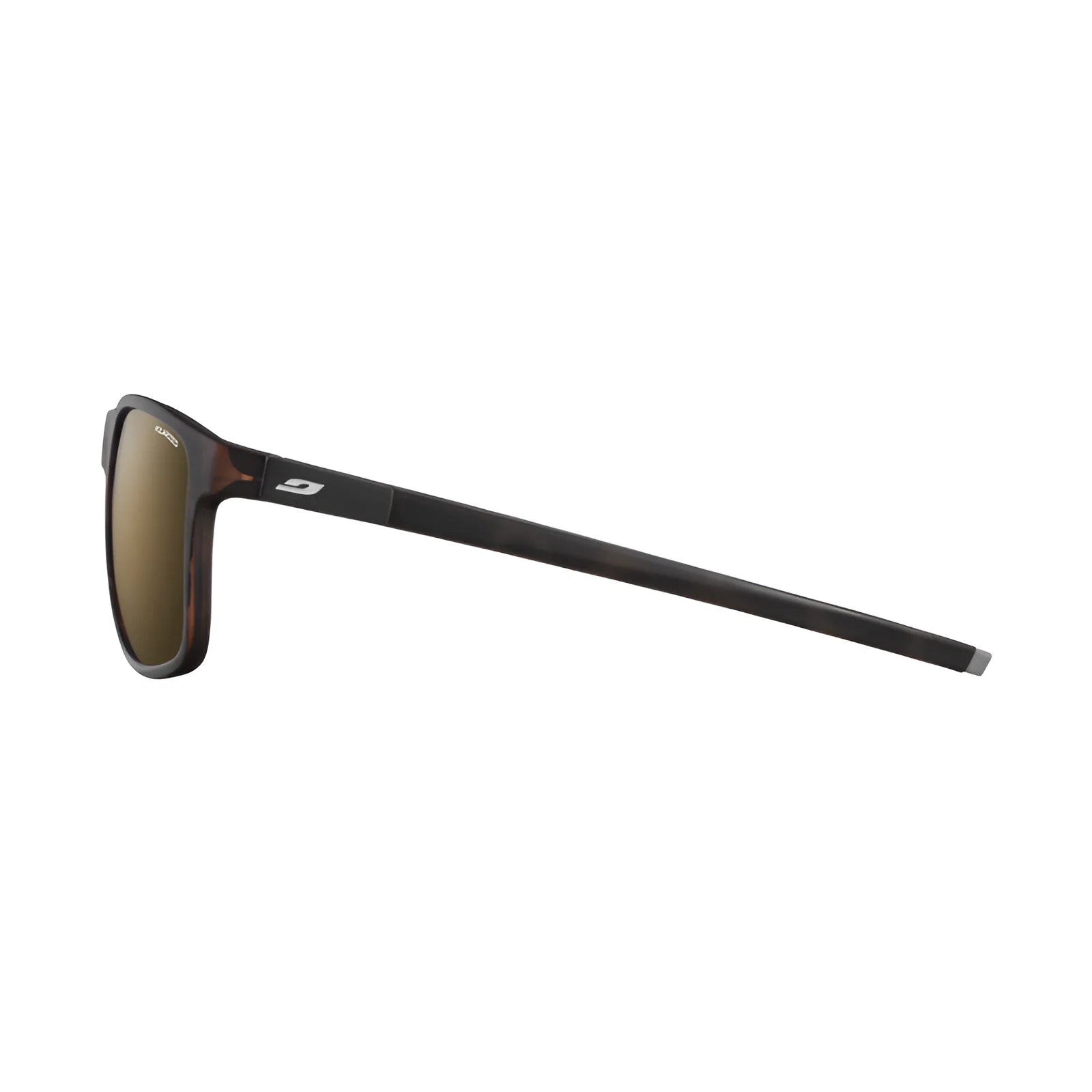 Side view of Julbo The Streets Sunglasses | Size 57 showcasing their eco-friendly brown frame, dark lenses, and ergonomically designed frame with a logo.